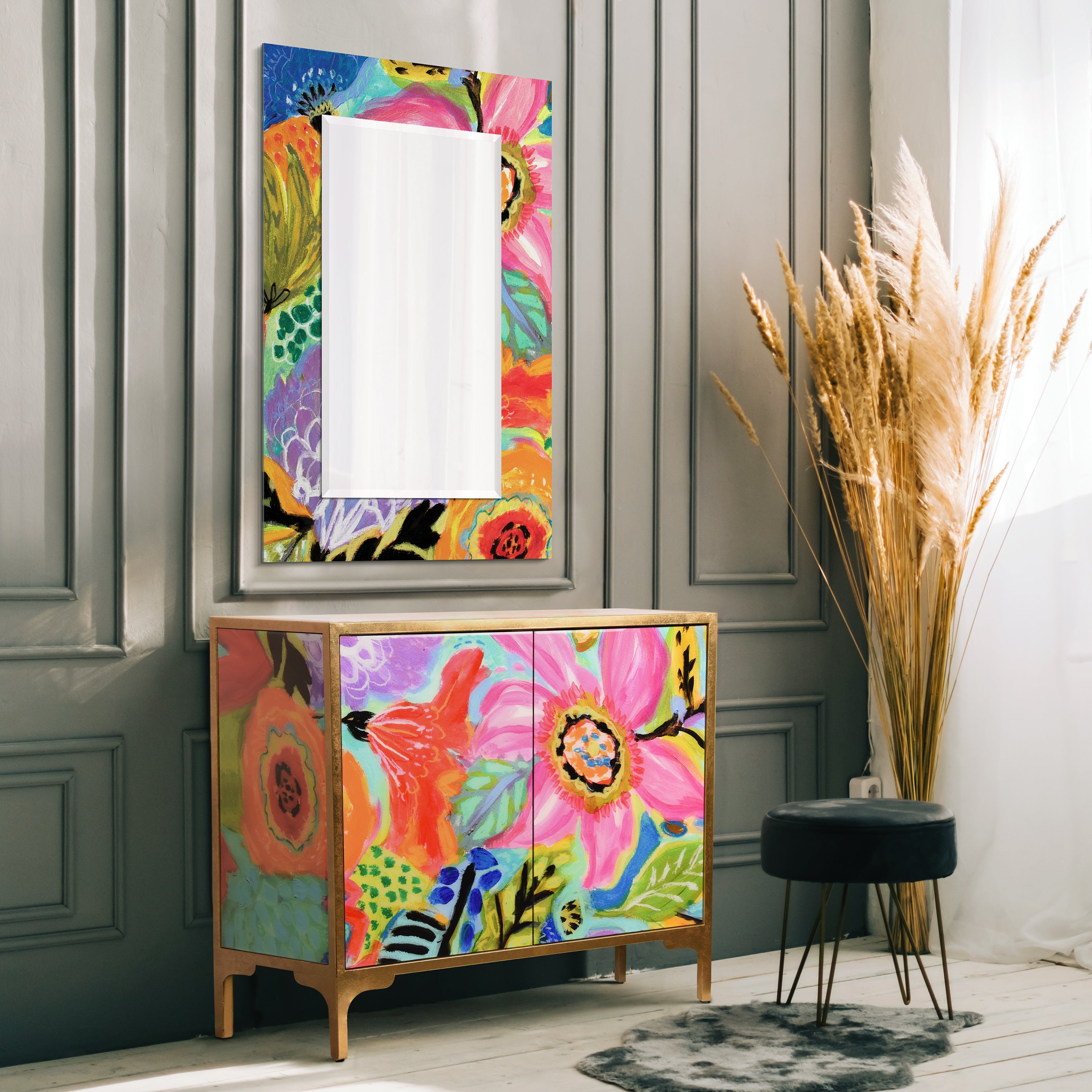 "Secret Garden Floral II" Reverse Printed Beveled Art Glass Console and Mirror Set, by Co-Op artist Karen Fields