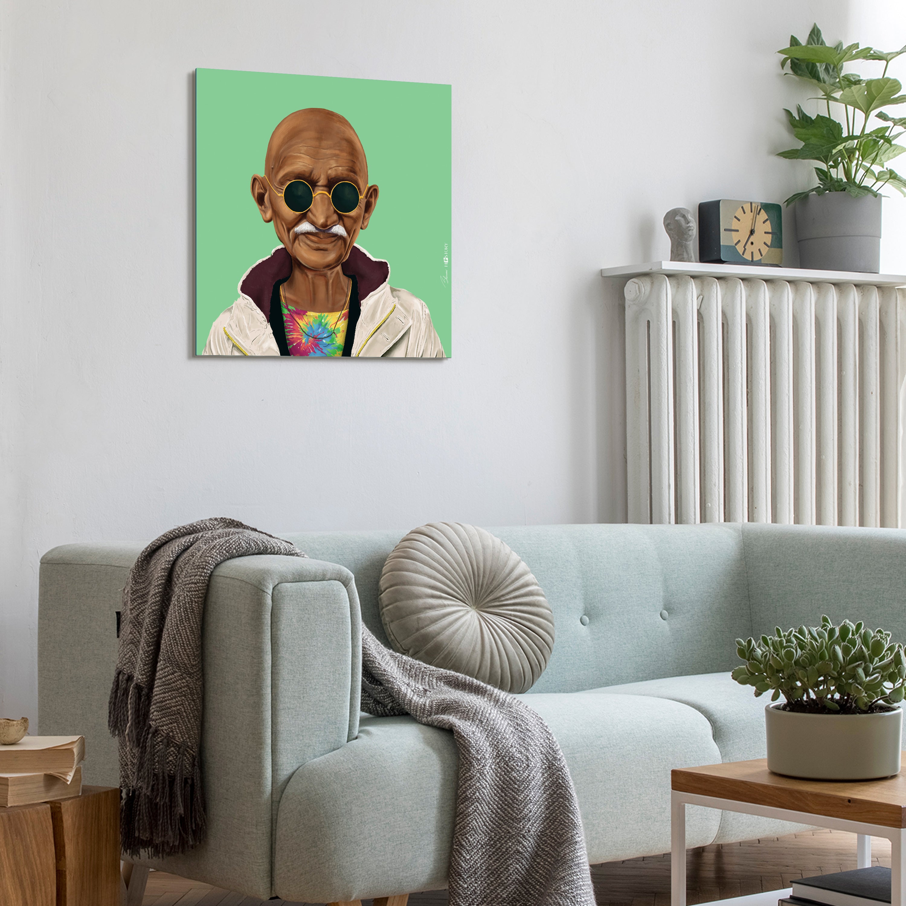 "Hip Mahatma Gandhi" Frameless Free Floating Reverse Printed Tempered Art Glass Wall Art