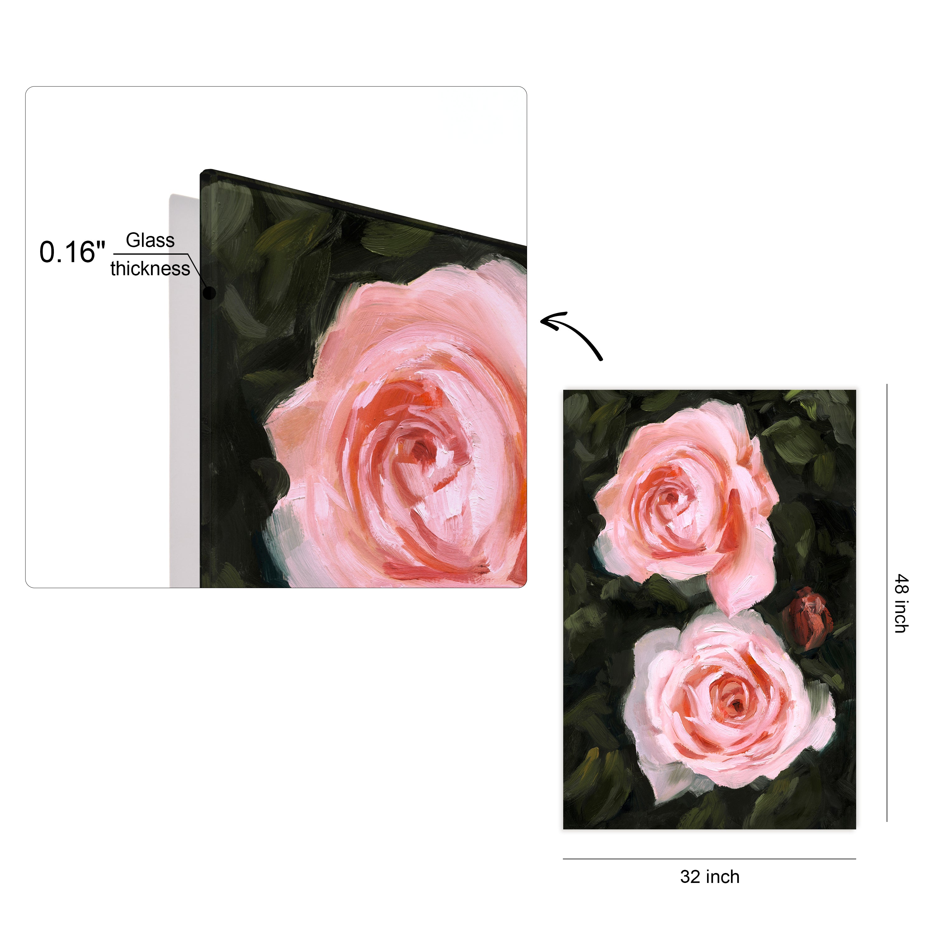 "Ethereal Roses I" Frameless Free Floating Reverse Printed Tempered Art Glass Wall Art