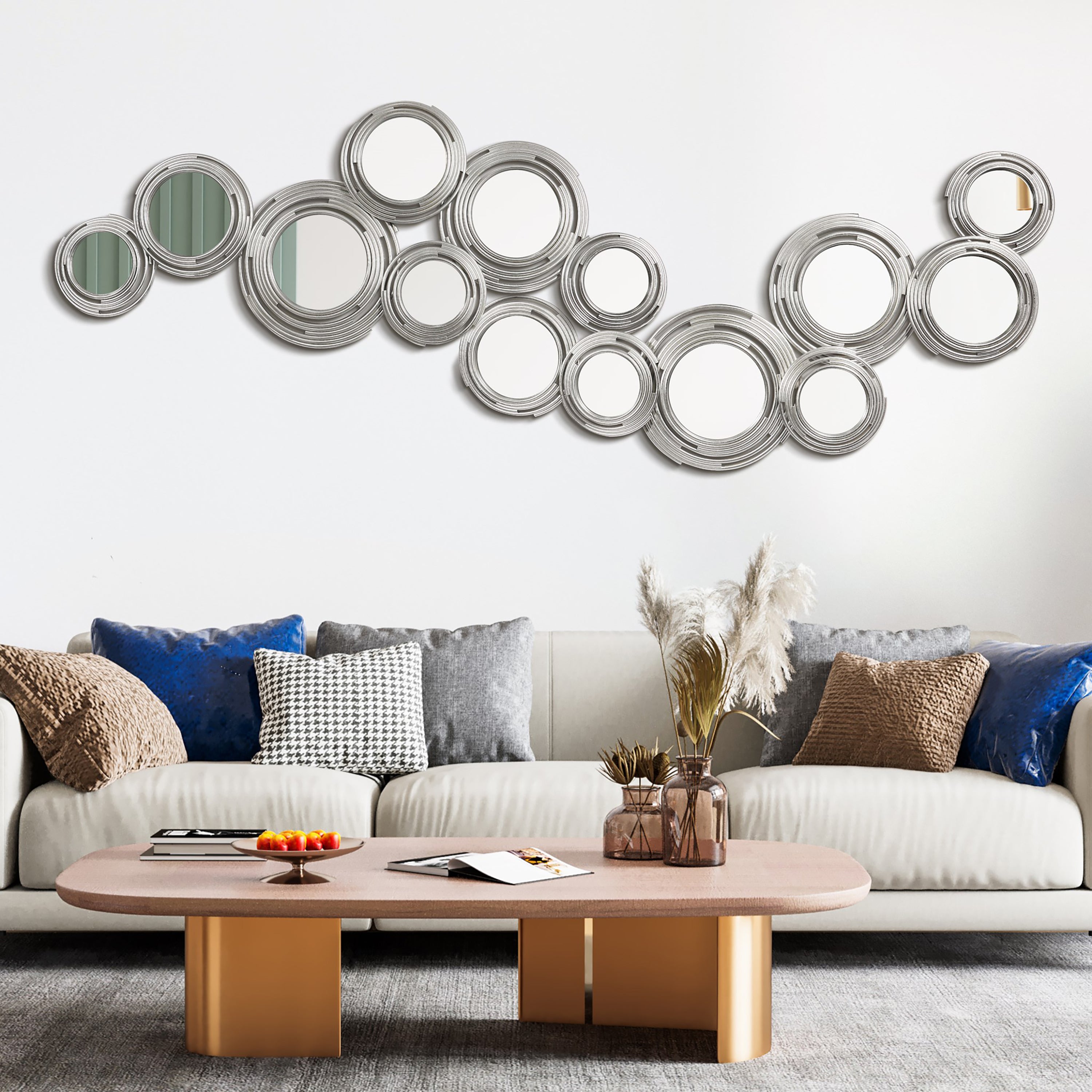 "Circles of Reflection"Circle Array Mirrors in Metal Foiled Frame, Set of 2