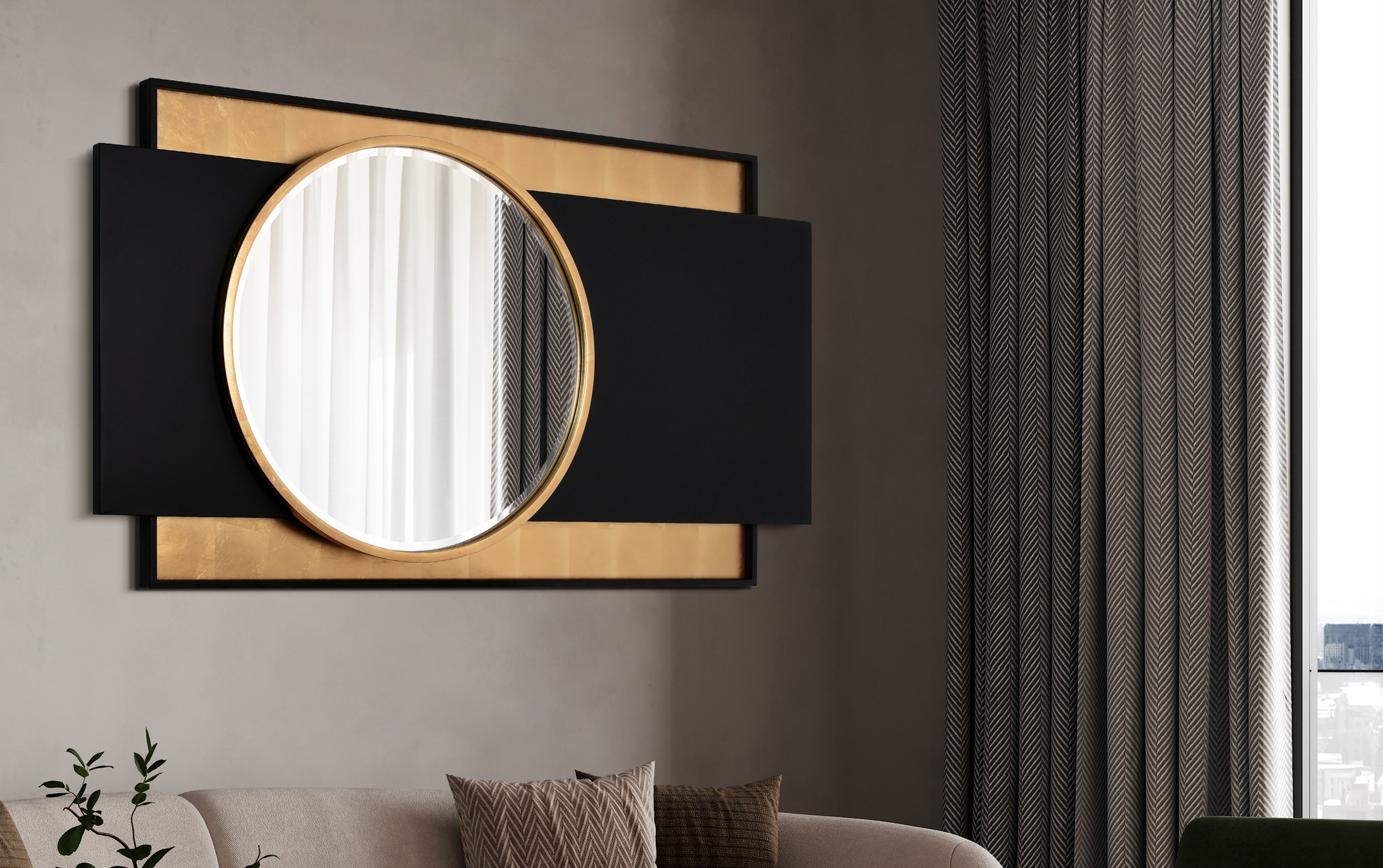 "Modern Elegance Gold and Black Wall Mirror", 37"x65", Beveled Center Round Mirror Featuring a  Black and Gold Foiled Iron Frame