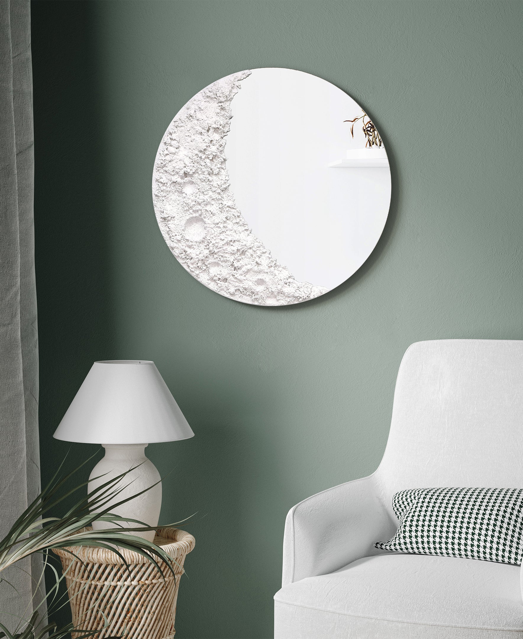 "Lunar Serenity" 20" Round Wall Mirror with a 3D Textured Crescent Moon Embellishment