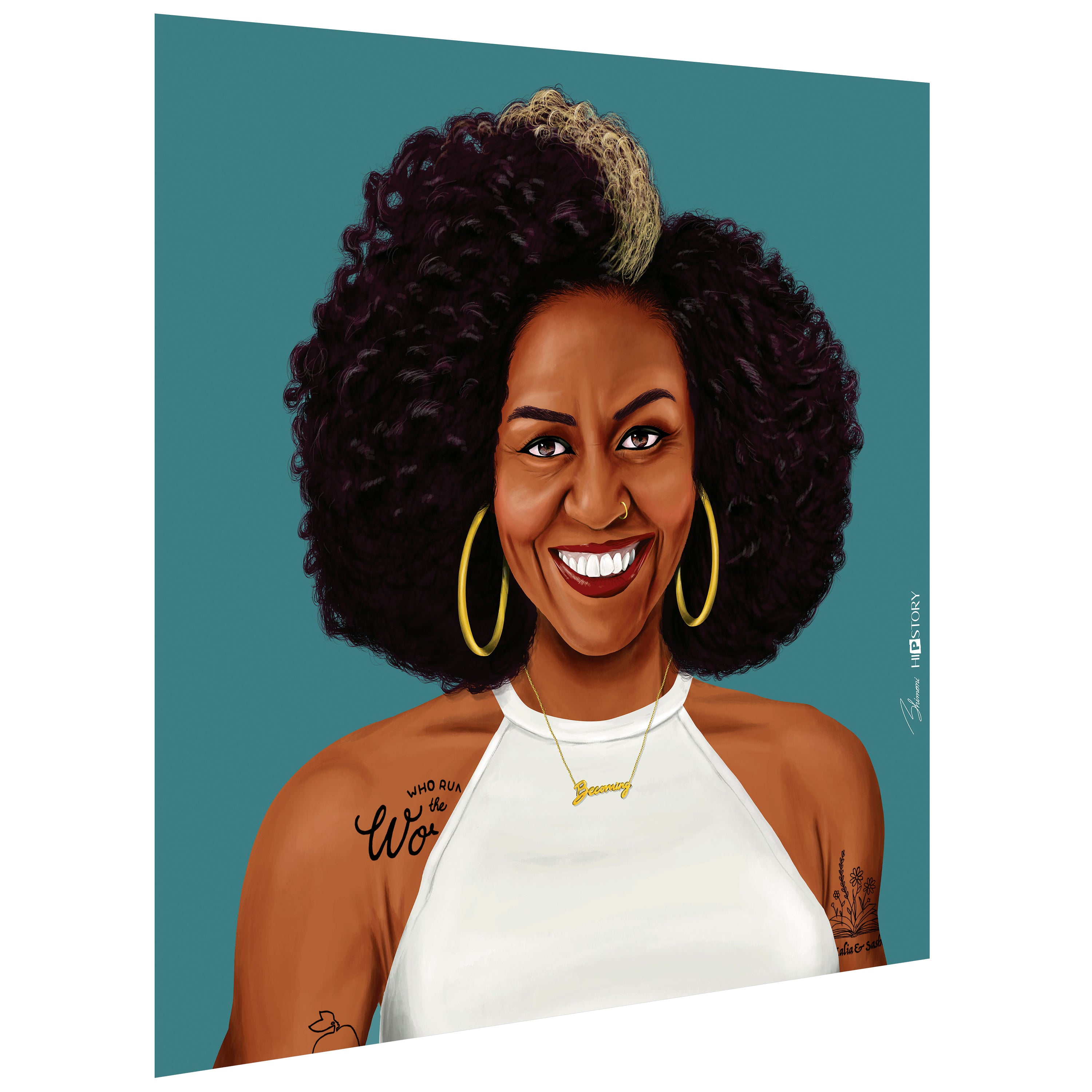 "Hip Michelle Obama" Frameless Free Floating Reverse Printed Tempered Art Glass Wall Art