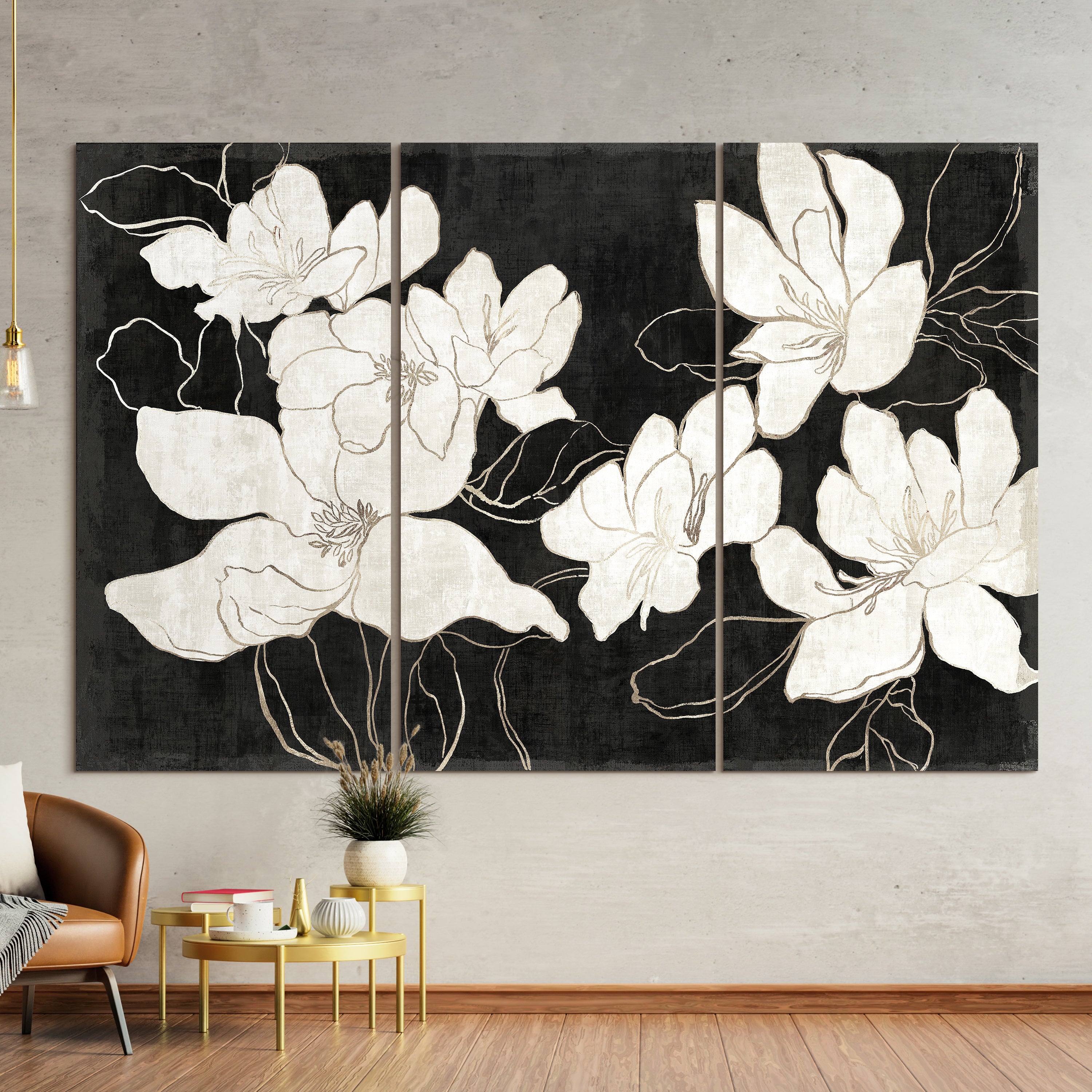 "Floral Elegance Trio" White Flower Frameless Free Floating Reverse Printed Tempered Art Glass Wall Art