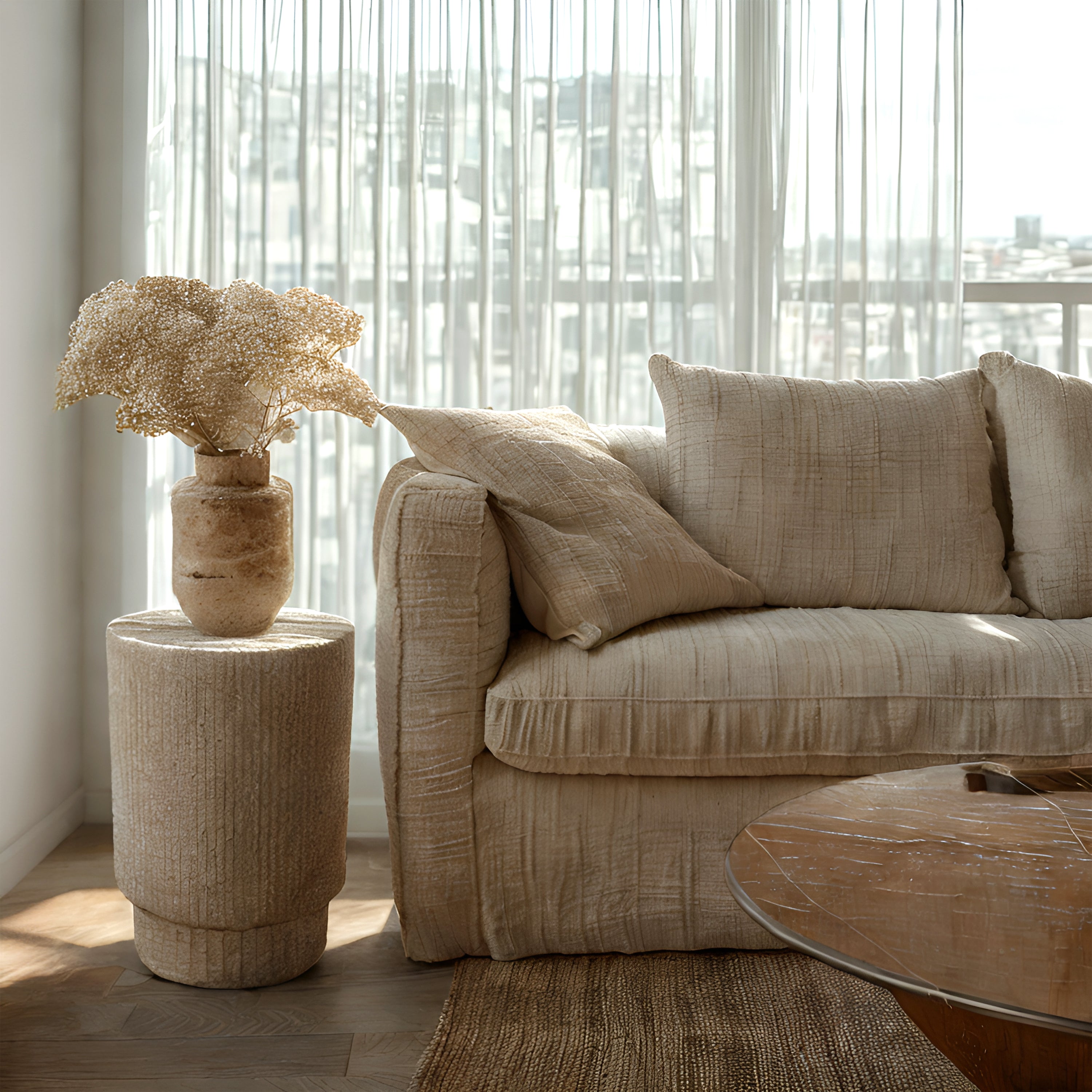 Column Travertine Stone Finish Italian Design MGO Side Accent Table, size 13.3"x13.3"x18.7", perfect for both indoor and outdoor settings.