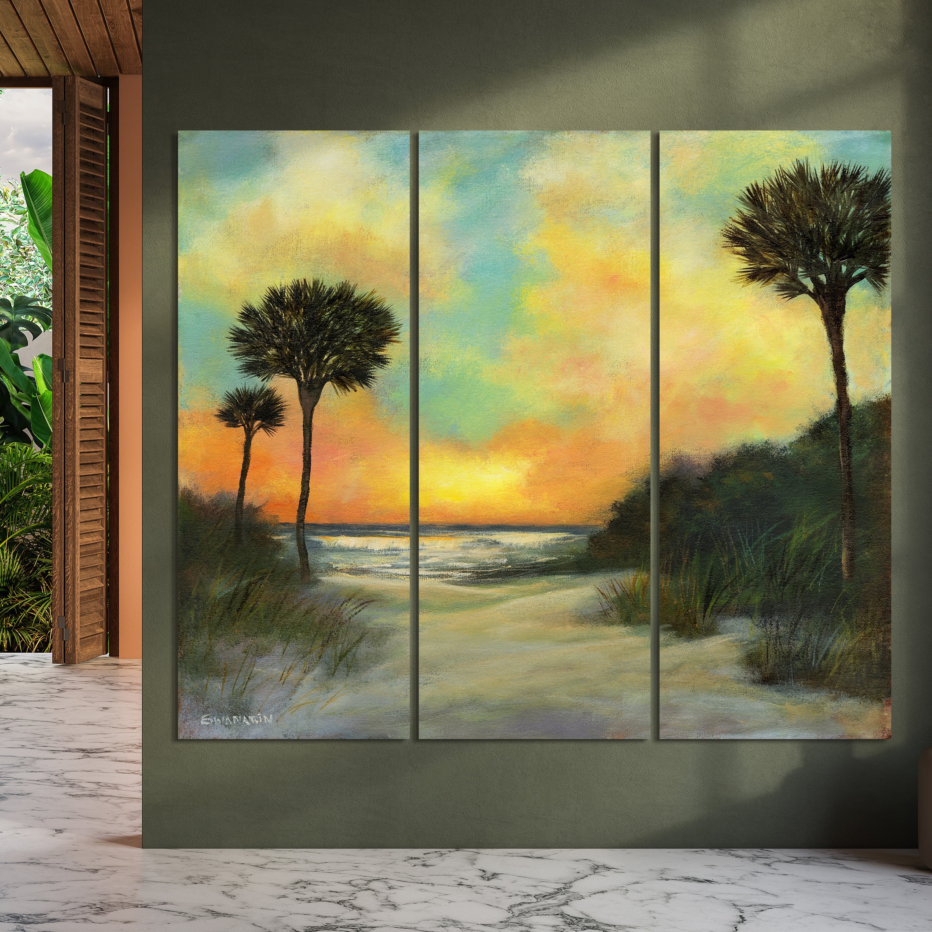 "Coastal Sunset II Set" Frameless Free Floating Reverse Printed Tempered Art Glass Wall Art - 3 Panel set