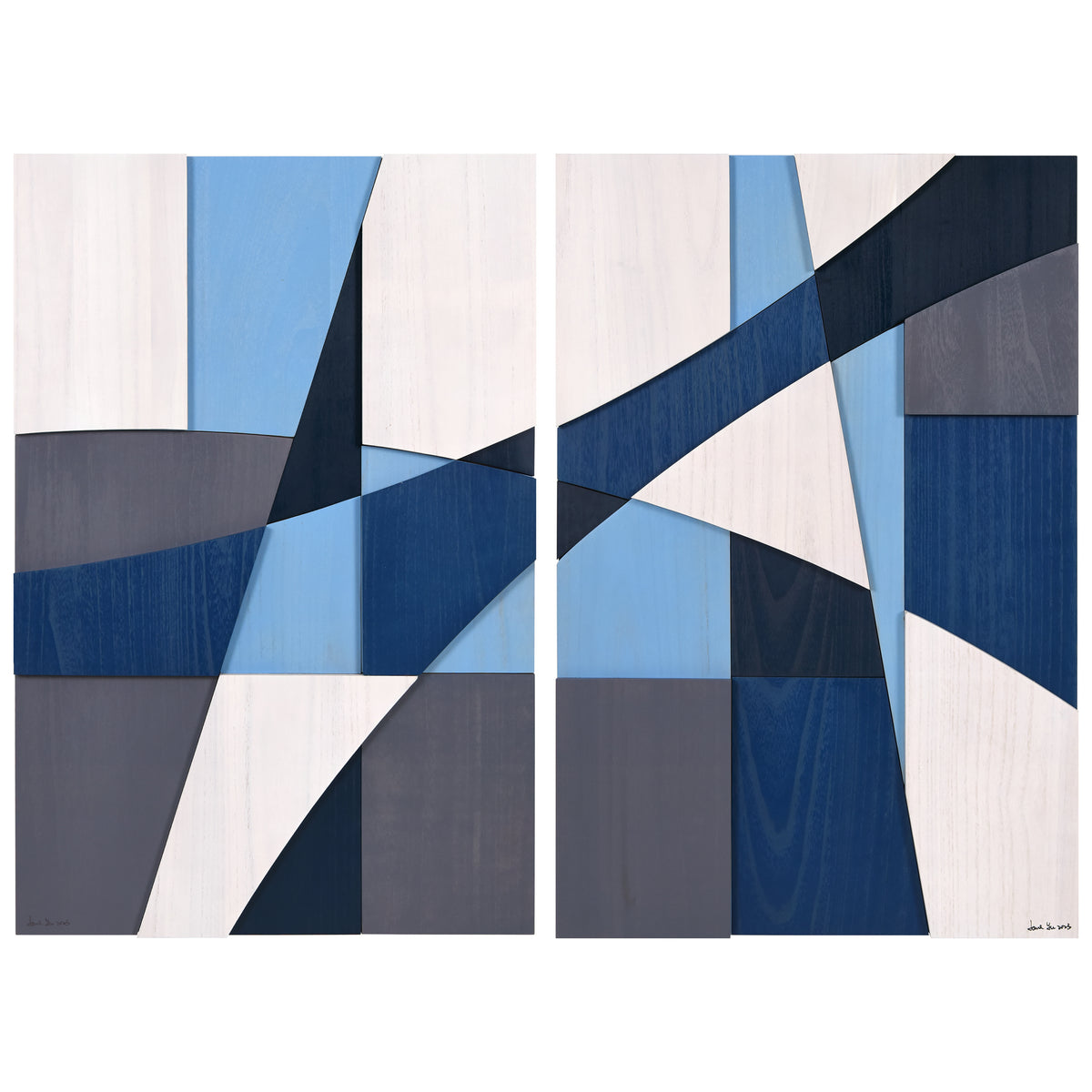 "Whispers of Blues I & II Set" Hand Made & Hand Finished Solid Paulownia Wood Abstracts Wall Art