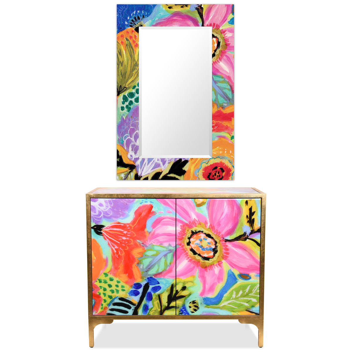 "Secret Garden Floral II" Reverse Printed Beveled Art Glass Console and Mirror Set, by Co-Op artist Karen Fields