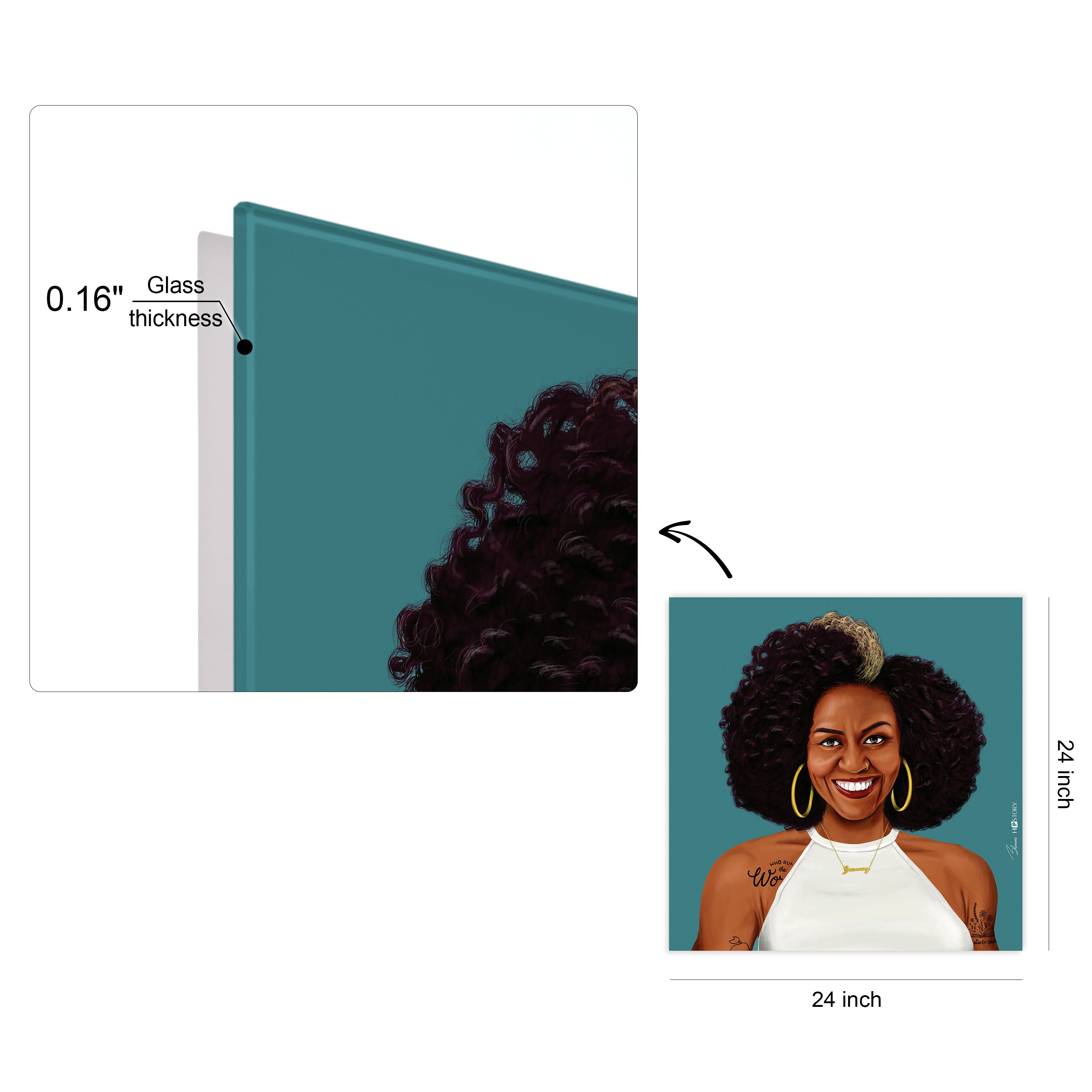 "Hip Michelle Obama" Frameless Free Floating Reverse Printed Tempered Art Glass Wall Art