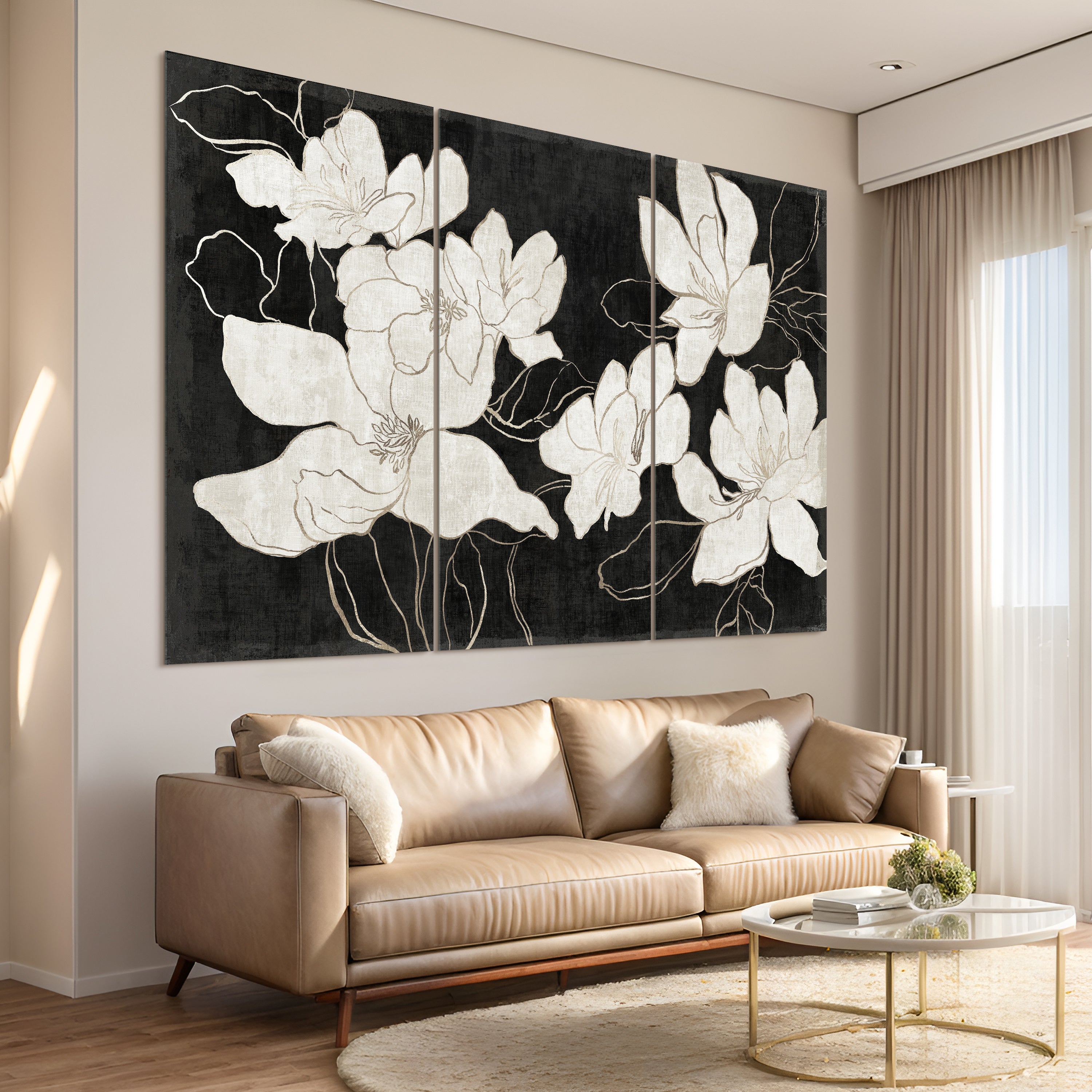 "Floral Elegance Trio" White Flower Frameless Free Floating Reverse Printed Tempered Art Glass Wall Art