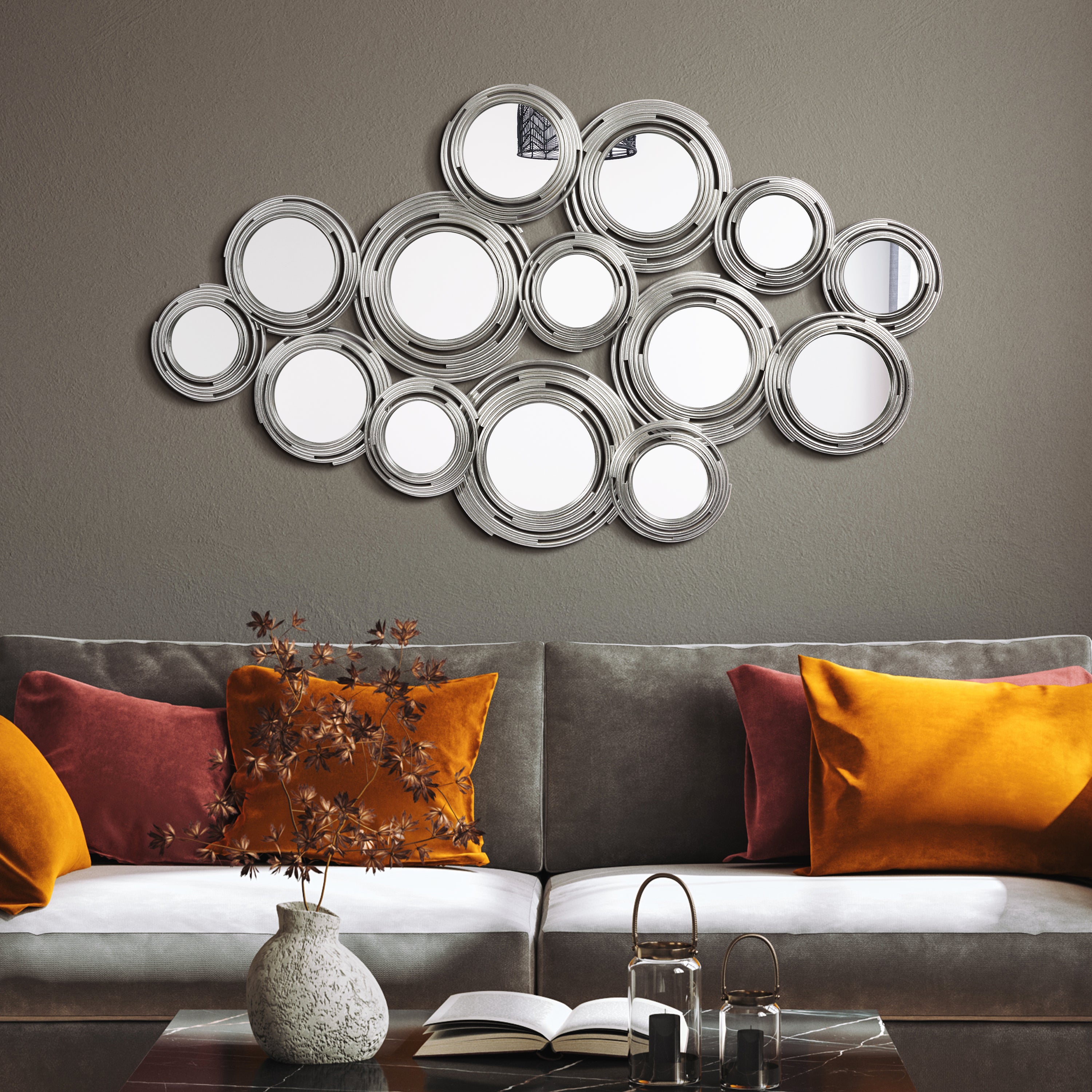 "Circles of Reflection"Circle Array Mirrors in Metal Foiled Frame, Set of 2