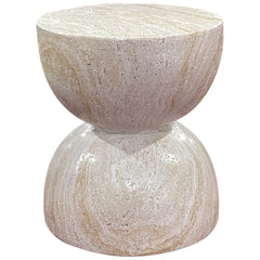 Double Hourglass Travertine Stone Finish Italian Design MGO Side Accent Table, size 15.7x15.7"x18.5", perfect for both indoor and outdoor settings.