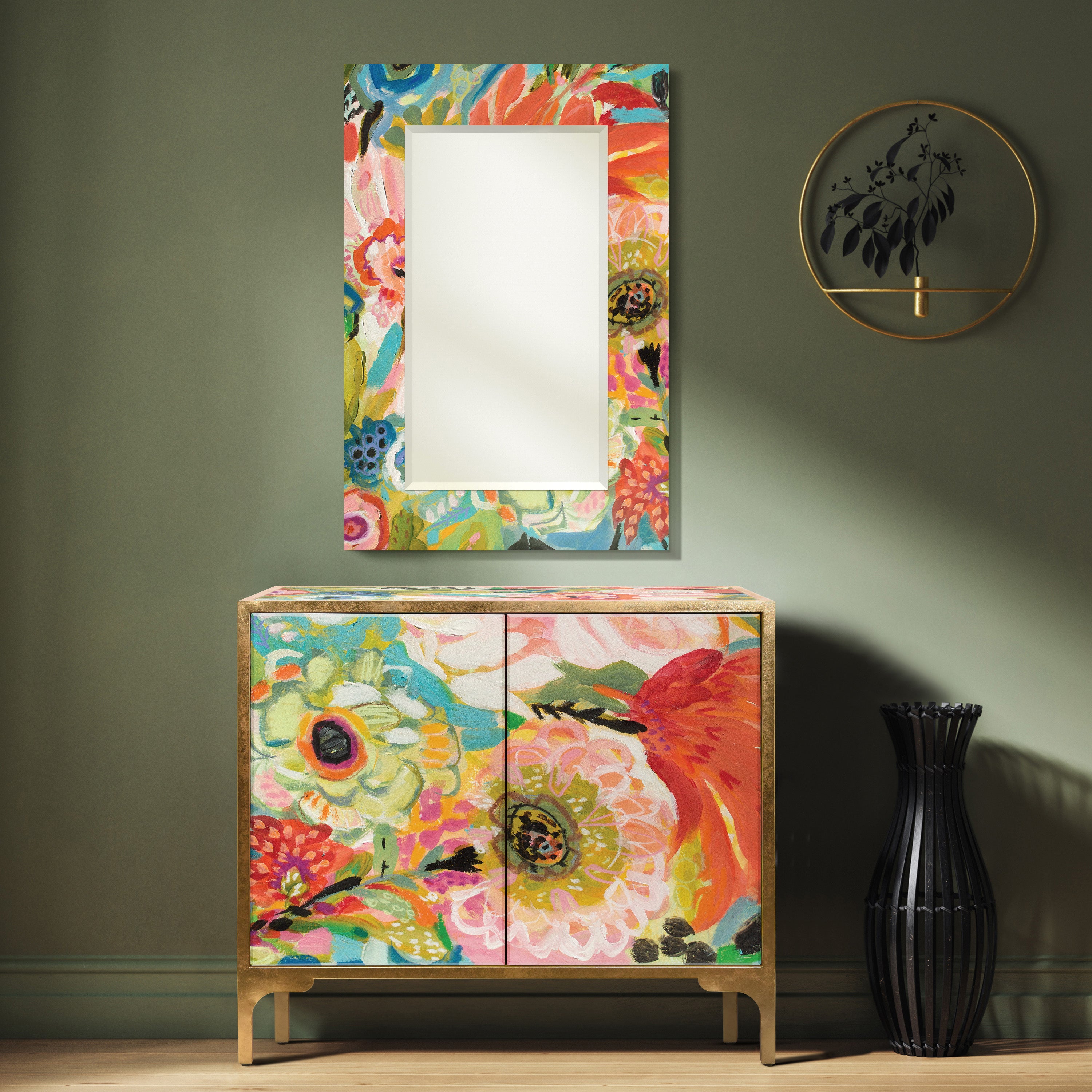 "Secret Garden Floral III" Console and Mirror Set on Reverse Printed Beveled Art Glass, by Co-Op artist Karen Fields