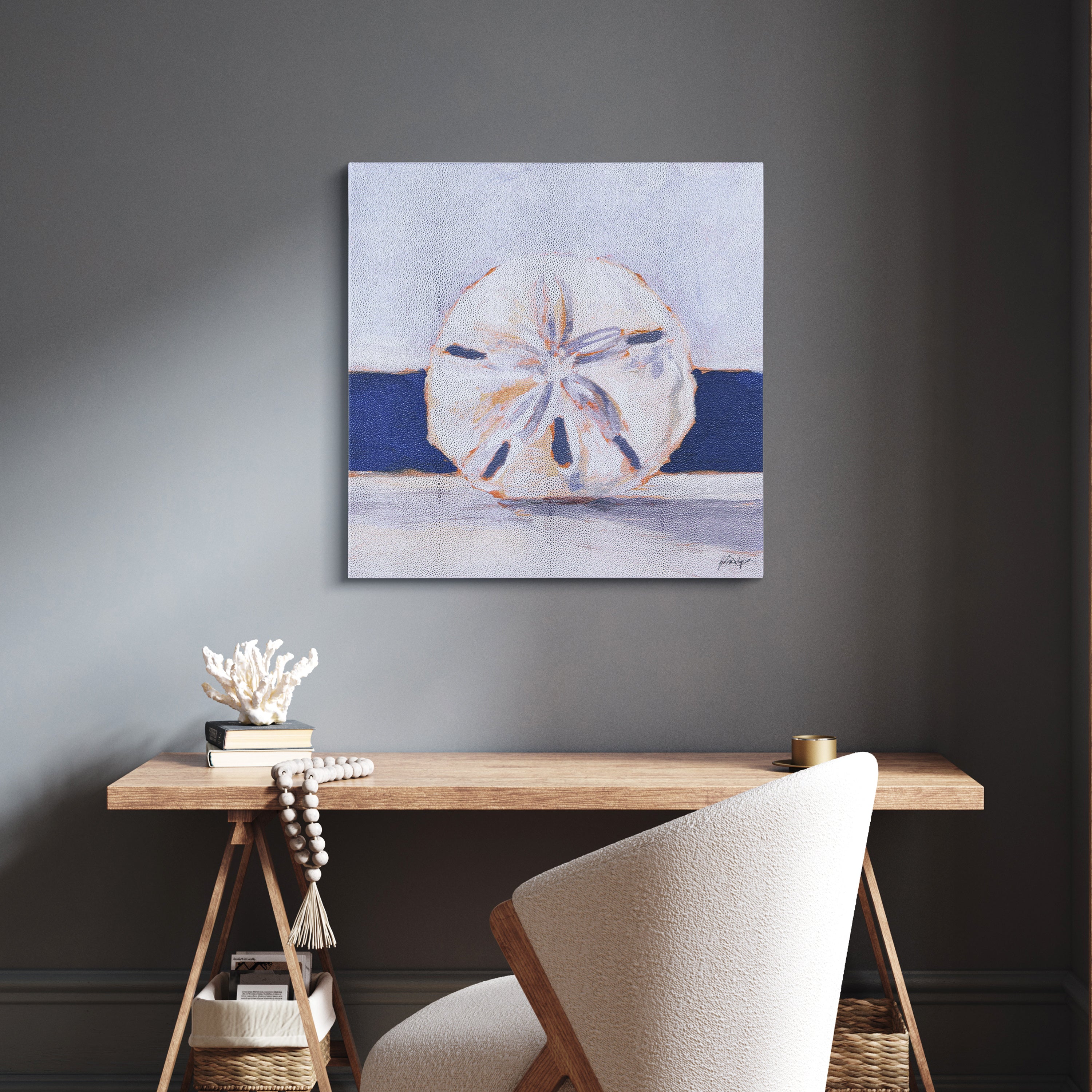 "Coastal Serenity I", Sand Dollar Rendered on Silver Metallic Shagreen Gallery Wrapped  Wall Art, sized 22"x22"