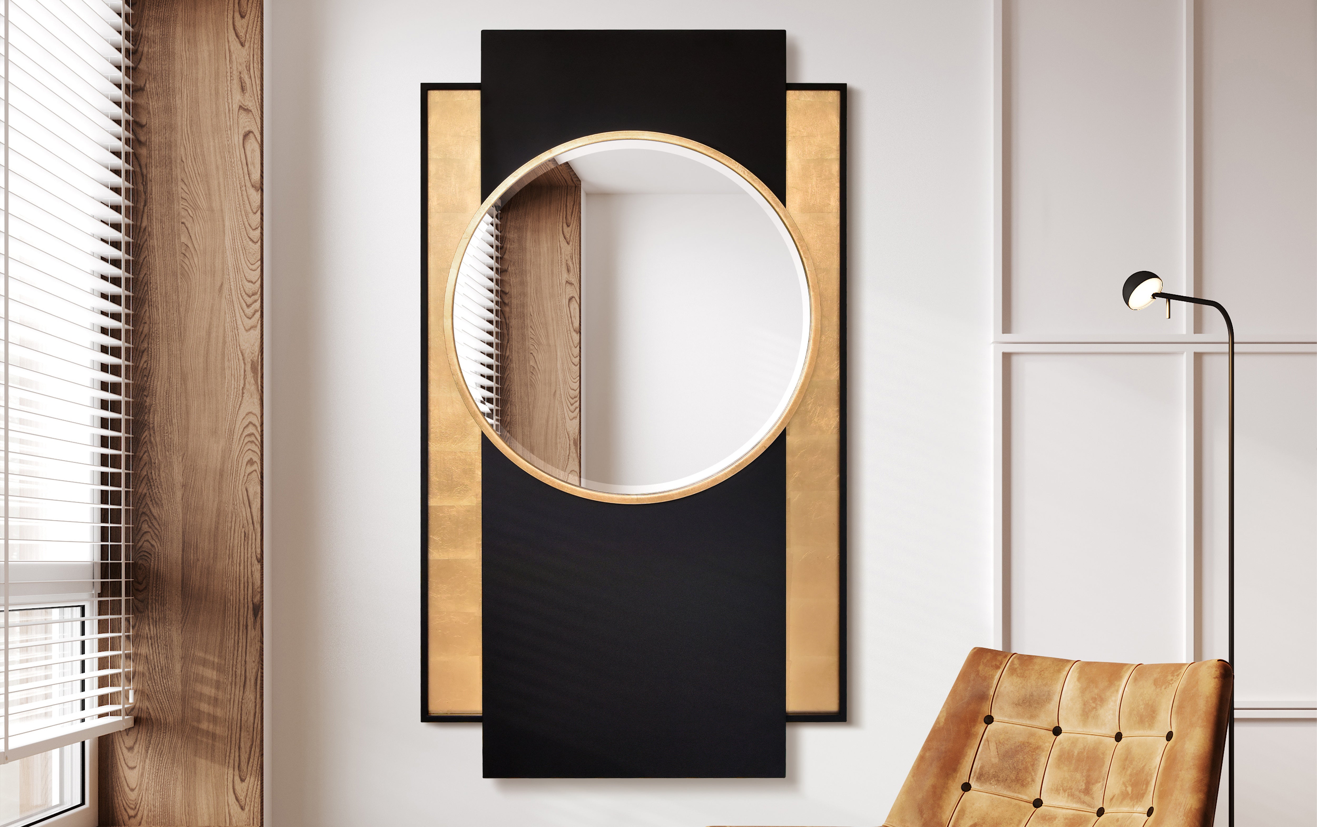 "Modern Elegance Gold and Black Wall Mirror", 37"x65", Beveled Center Round Mirror Featuring a  Black and Gold Foiled Iron Frame