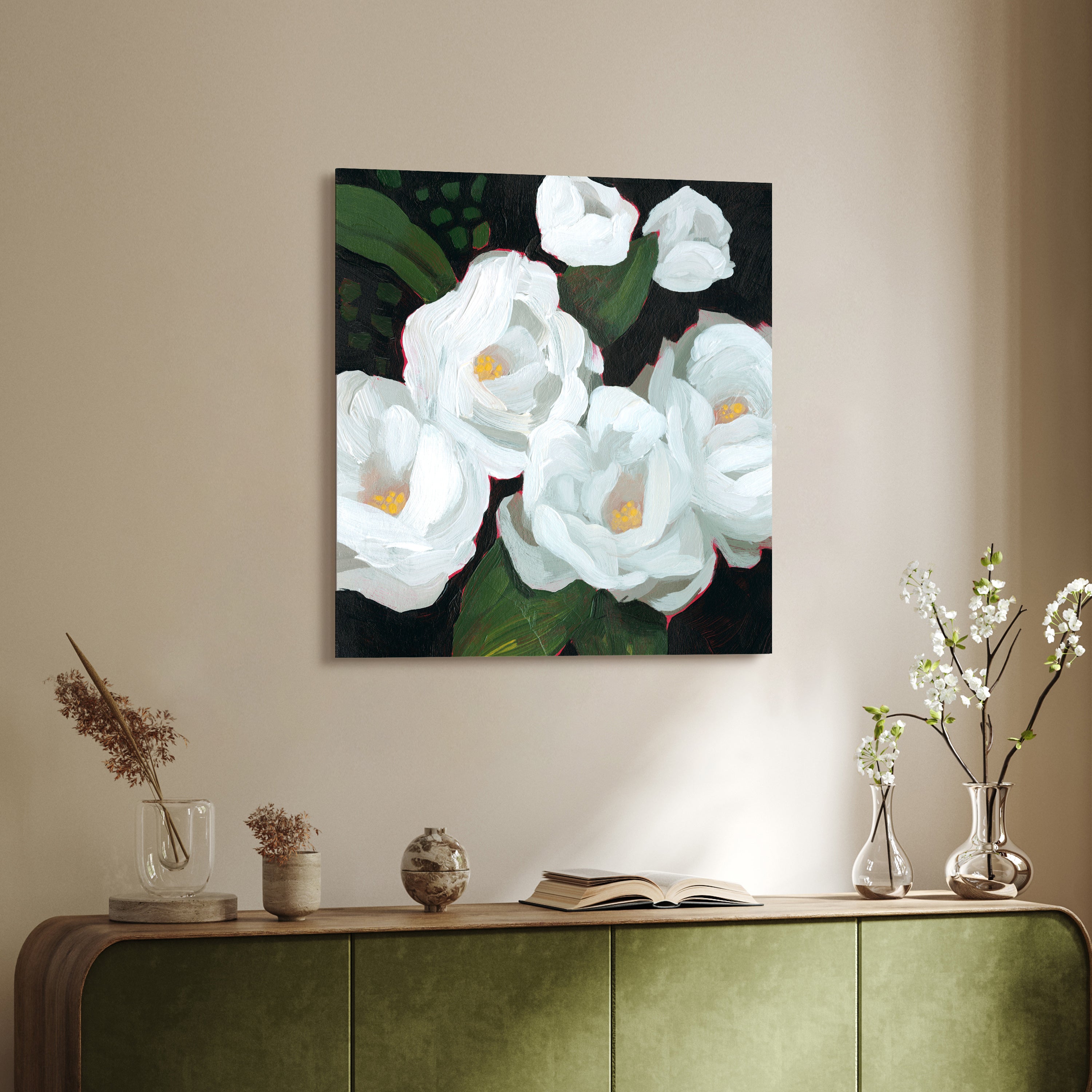 "White Blossom Serenity I" Flower Frameless Free Floating Reverse Printed Tempered Art Glass Wall Art