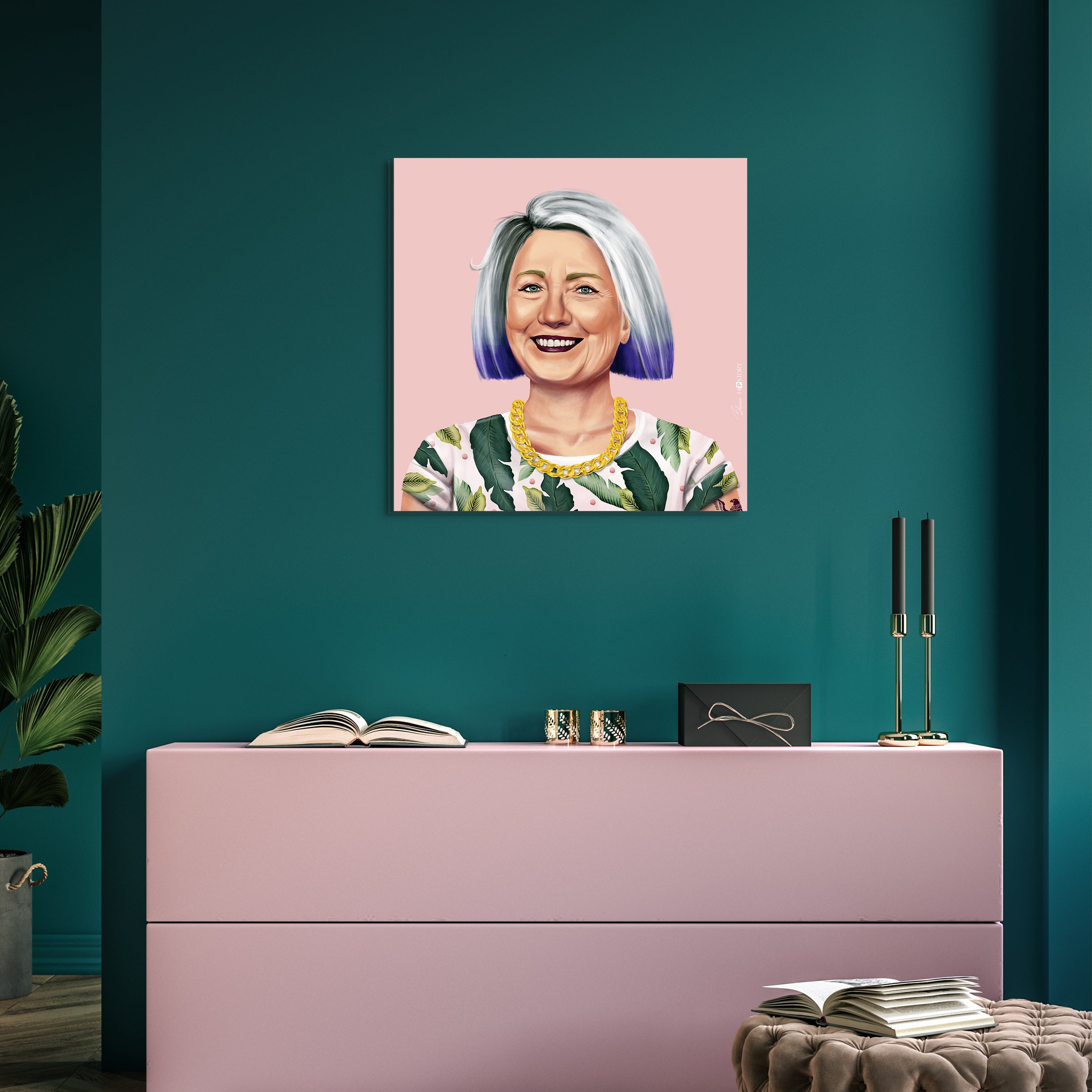 "Hip Hillary" Frameless Free Floating Reverse Printed Tempered Art Glass Wall Art