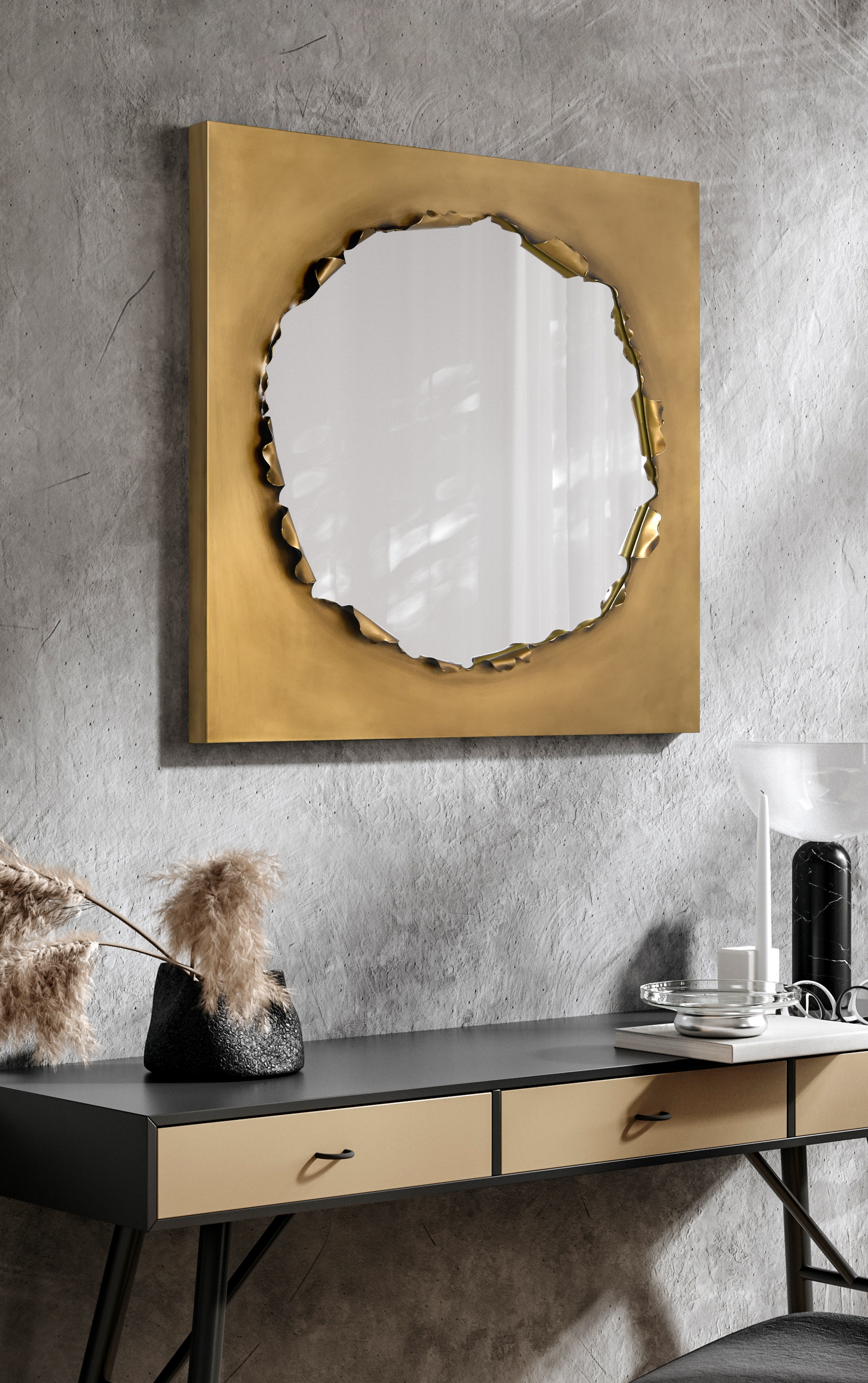 "Antique Gold Torn Edge Square Mirror", 36"x36" Mirror Featuring a 4.8" Brushed Antique Gold Iron Frame with a Unique Torn Edge Design