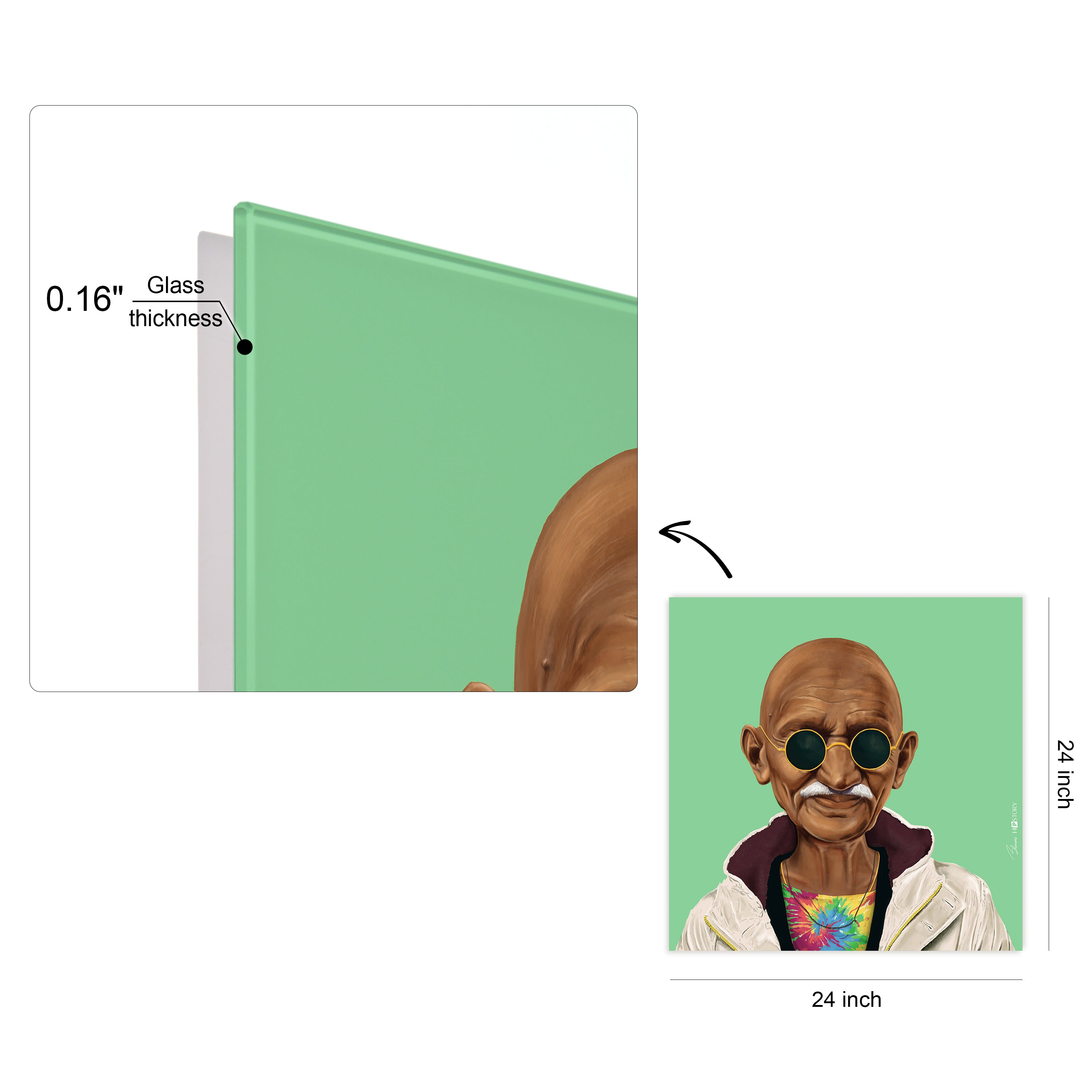 "Hip Mahatma Gandhi" Frameless Free Floating Reverse Printed Tempered Art Glass Wall Art