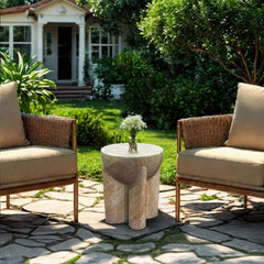 Abstract Travertine Stone Finish Italian Design MGO Side Accent Table, size 15"x15"x18.3", perfect for both indoor and outdoor spaces.