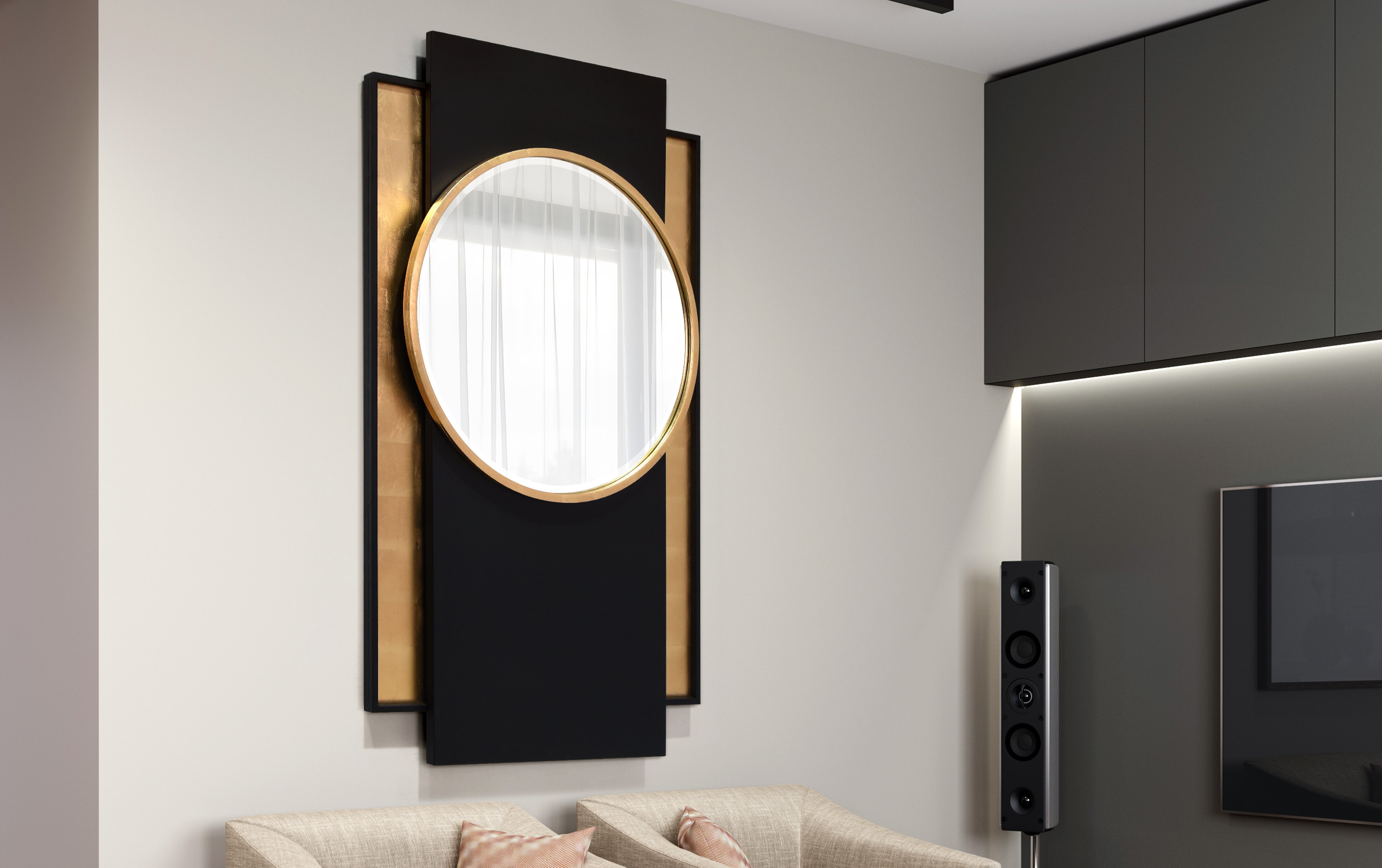 "Modern Elegance Gold and Black Wall Mirror", 37"x65", Beveled Center Round Mirror Featuring a  Black and Gold Foiled Iron Frame