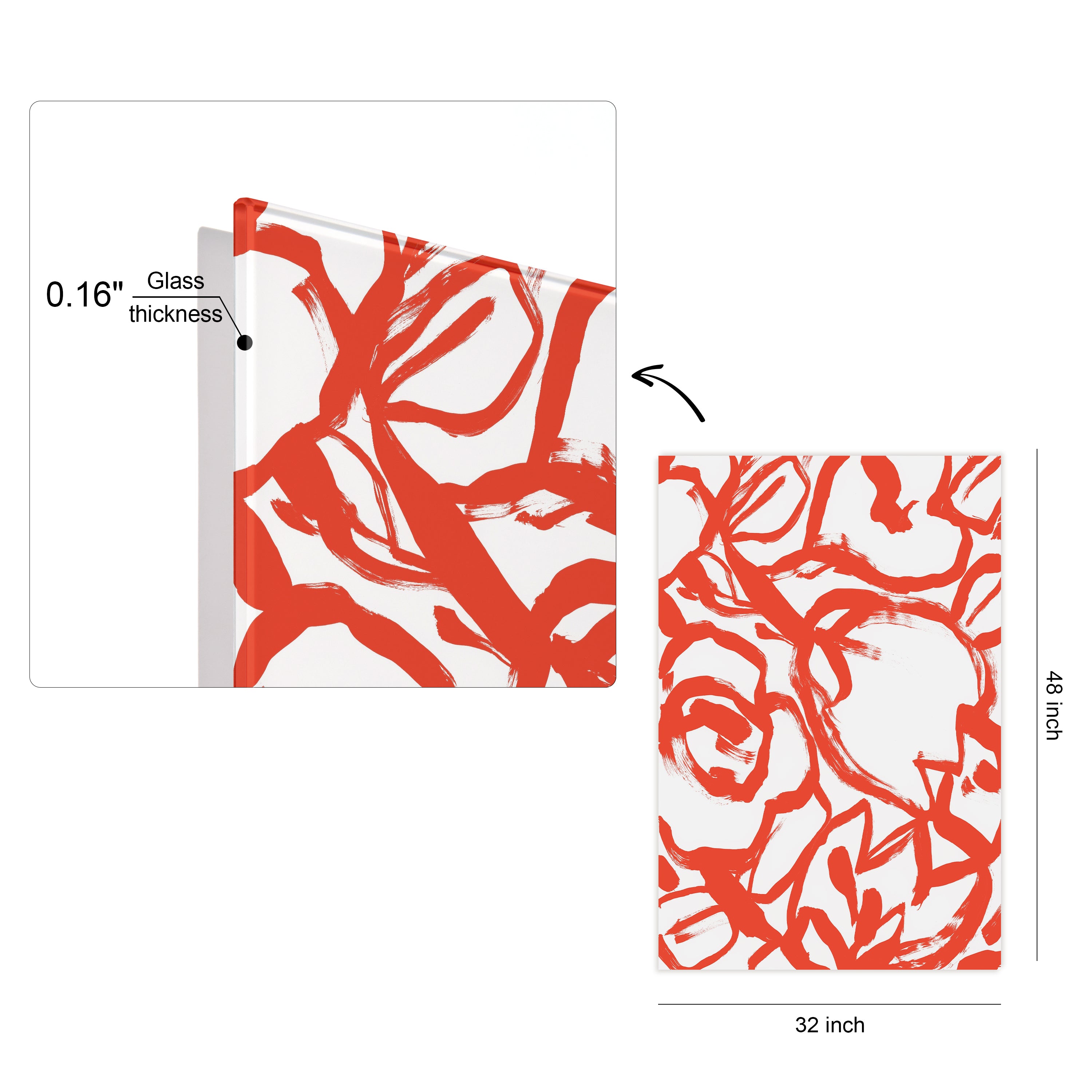 "Scarlet Blooms II" Red Brush Floral Frameless Free Floating Reverse Printed Tempered Art Glass Wall Art