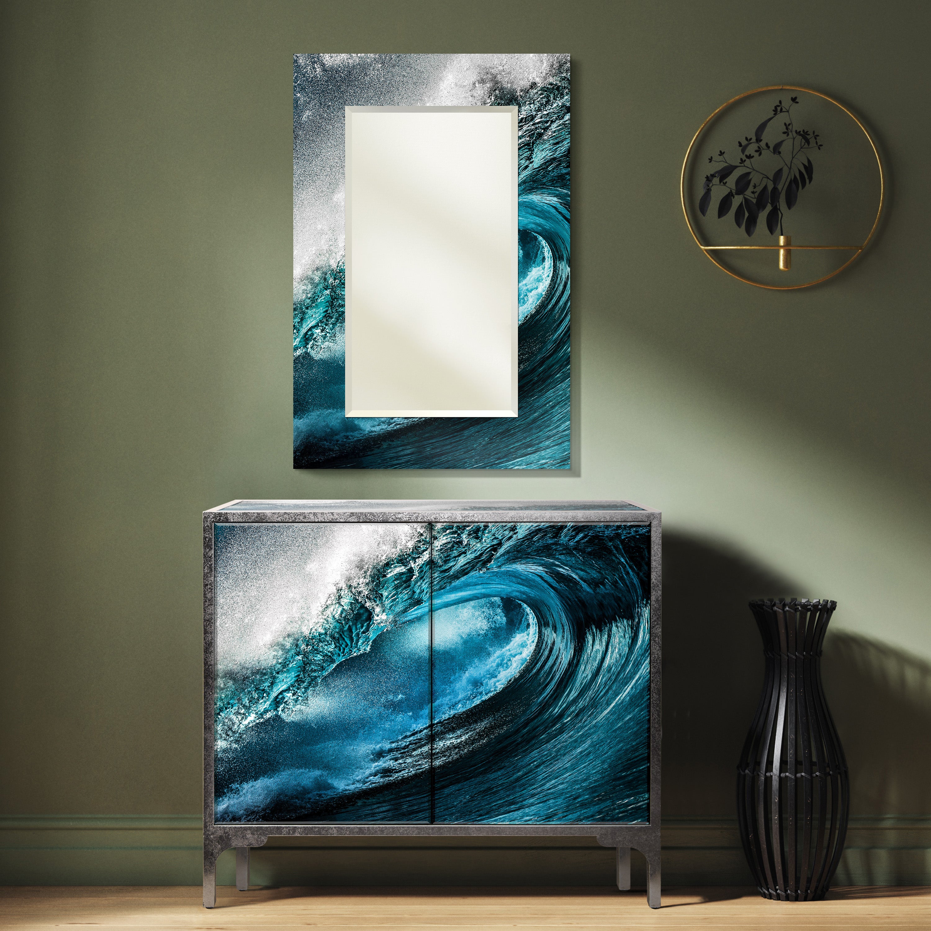 "Sapphire Sea" Reverse Printed Beveled Art Glass Console and Mirror set