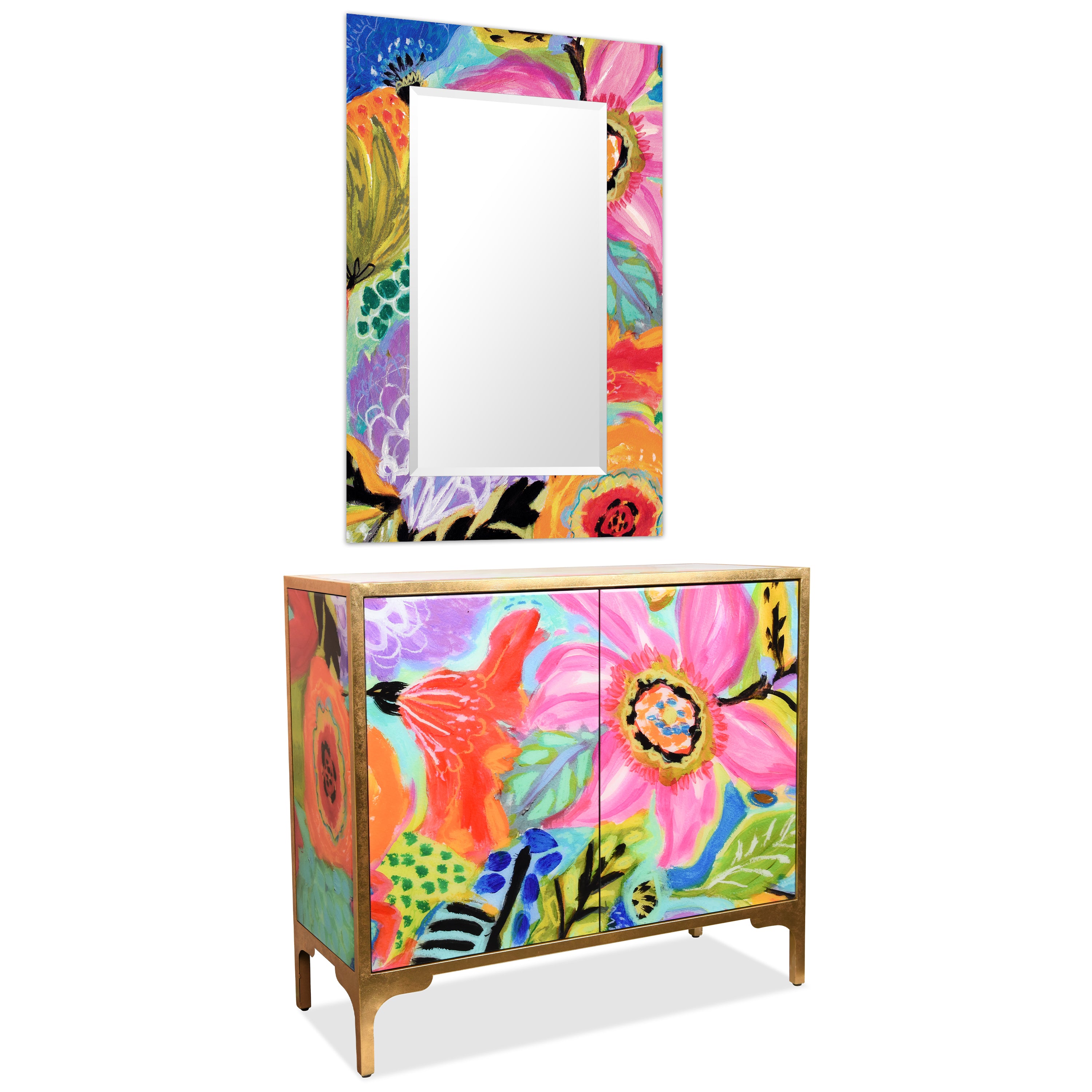 "Secret Garden Floral II" Reverse Printed Beveled Art Glass Console and Mirror Set, by Co-Op artist Karen Fields