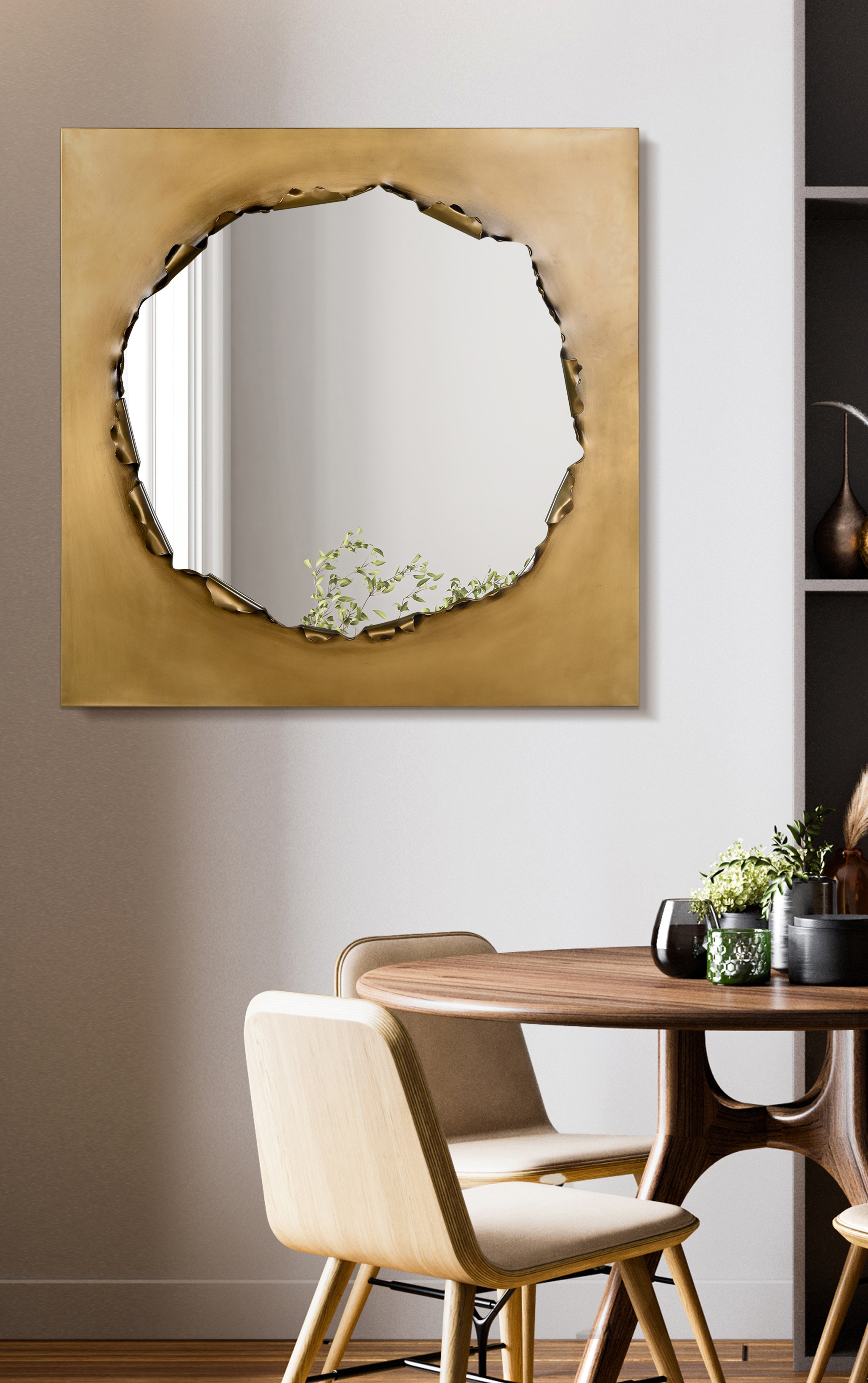 "Antique Gold Torn Edge Square Mirror", 36"x36" Mirror Featuring a 4.8" Brushed Antique Gold Iron Frame with a Unique Torn Edge Design