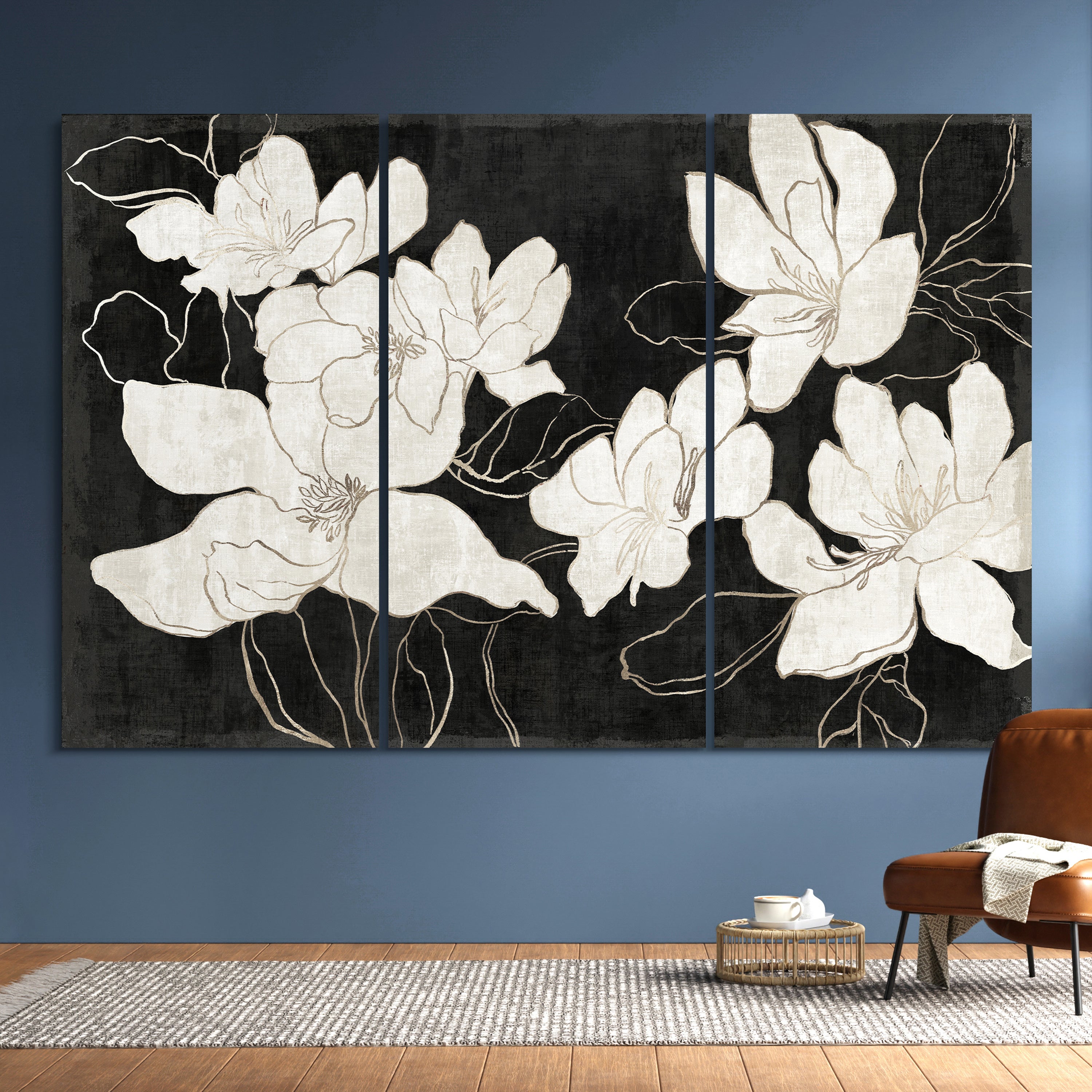 "Floral Elegance Trio" White Flower Frameless Free Floating Reverse Printed Tempered Art Glass Wall Art