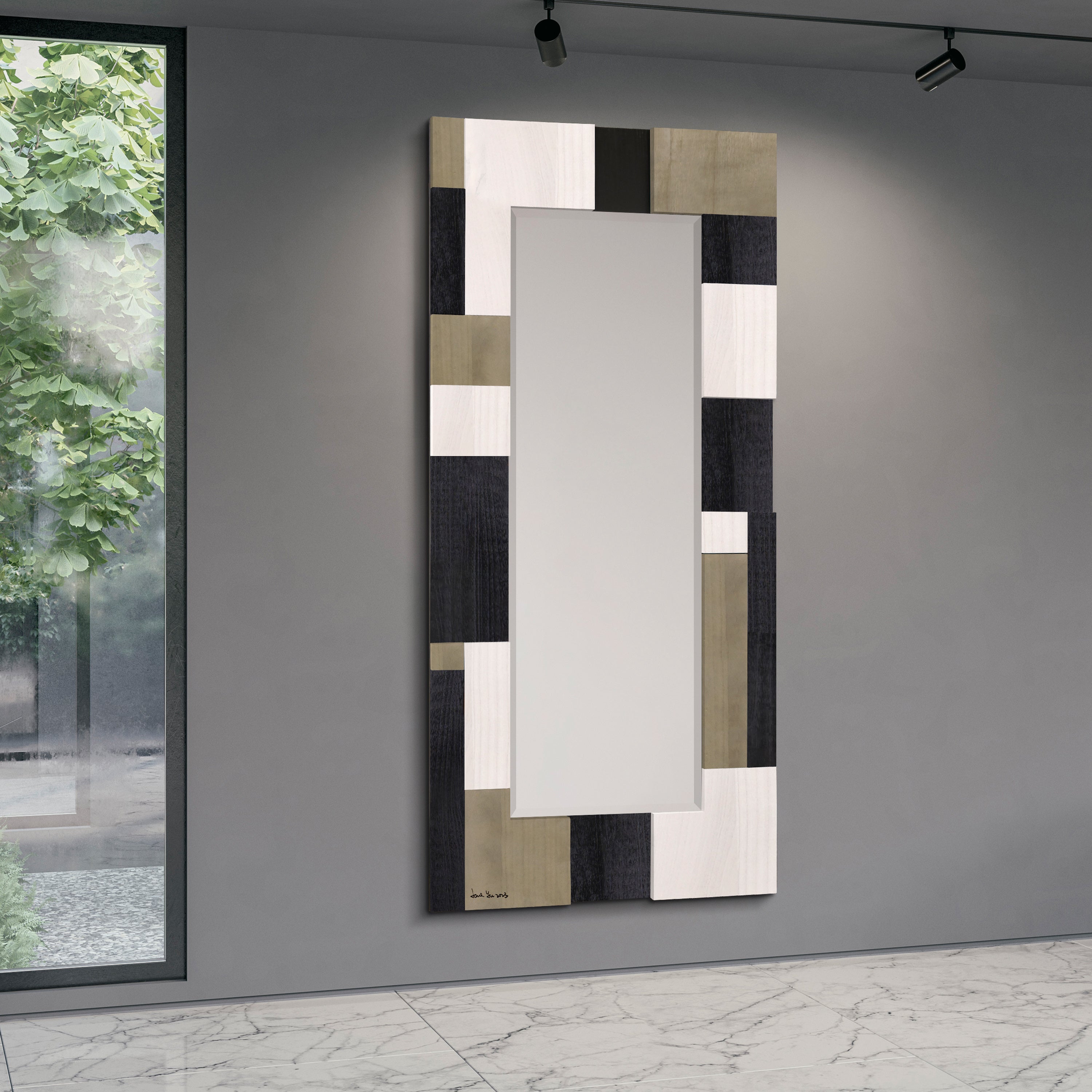 "Geometric Blocks" Hand Made Solid Paulownia Wood Beveled Leaner Mirror size 80" x 40"