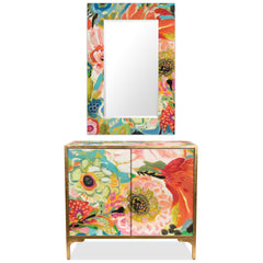 "Secret Garden Floral III" Console and Mirror Set on Reverse Printed Beveled Art Glass, by Co-Op artist Karen Fields