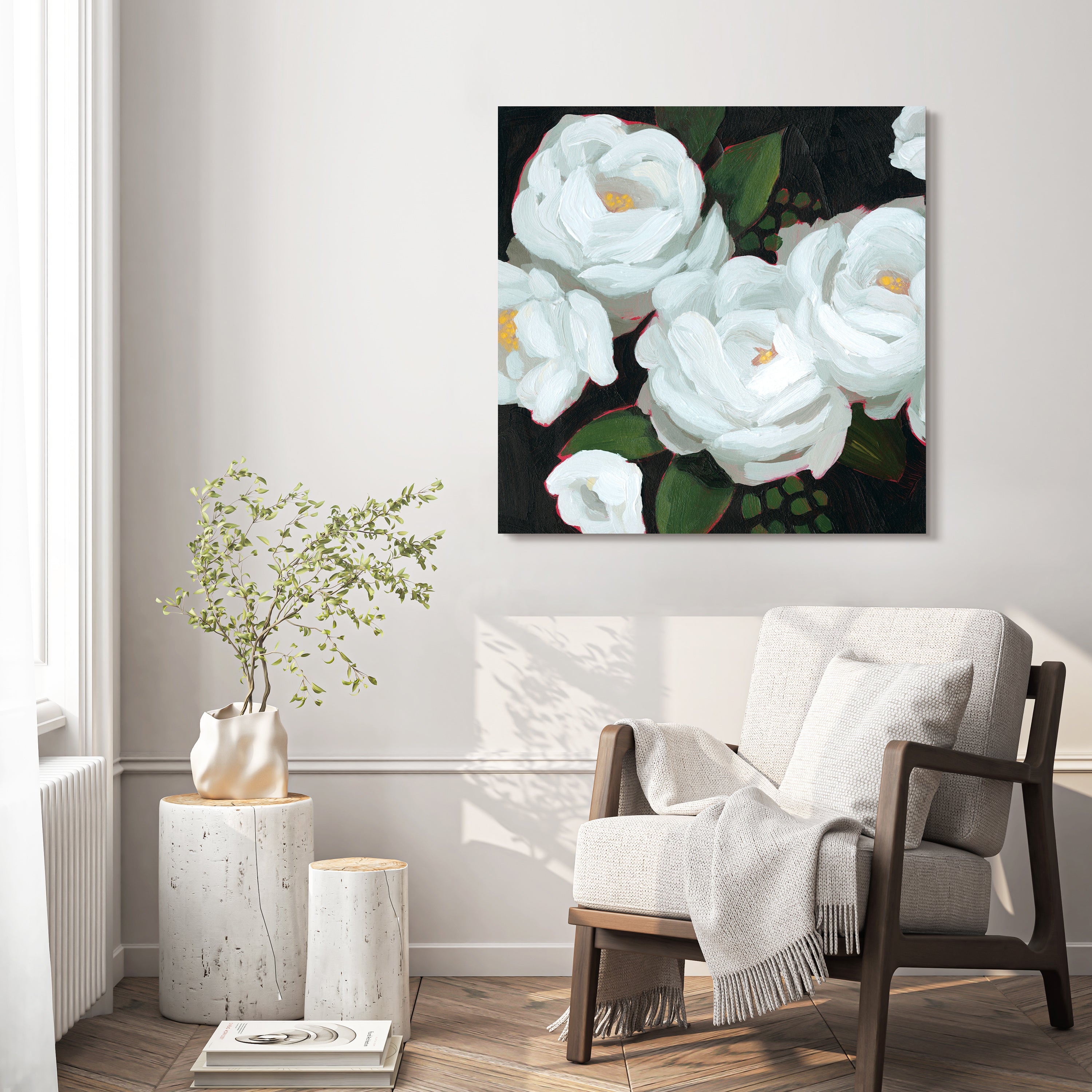 "White Blossom Serenity II" Flower Frameless Free Floating Reverse Printed Tempered Art Glass Wall Art