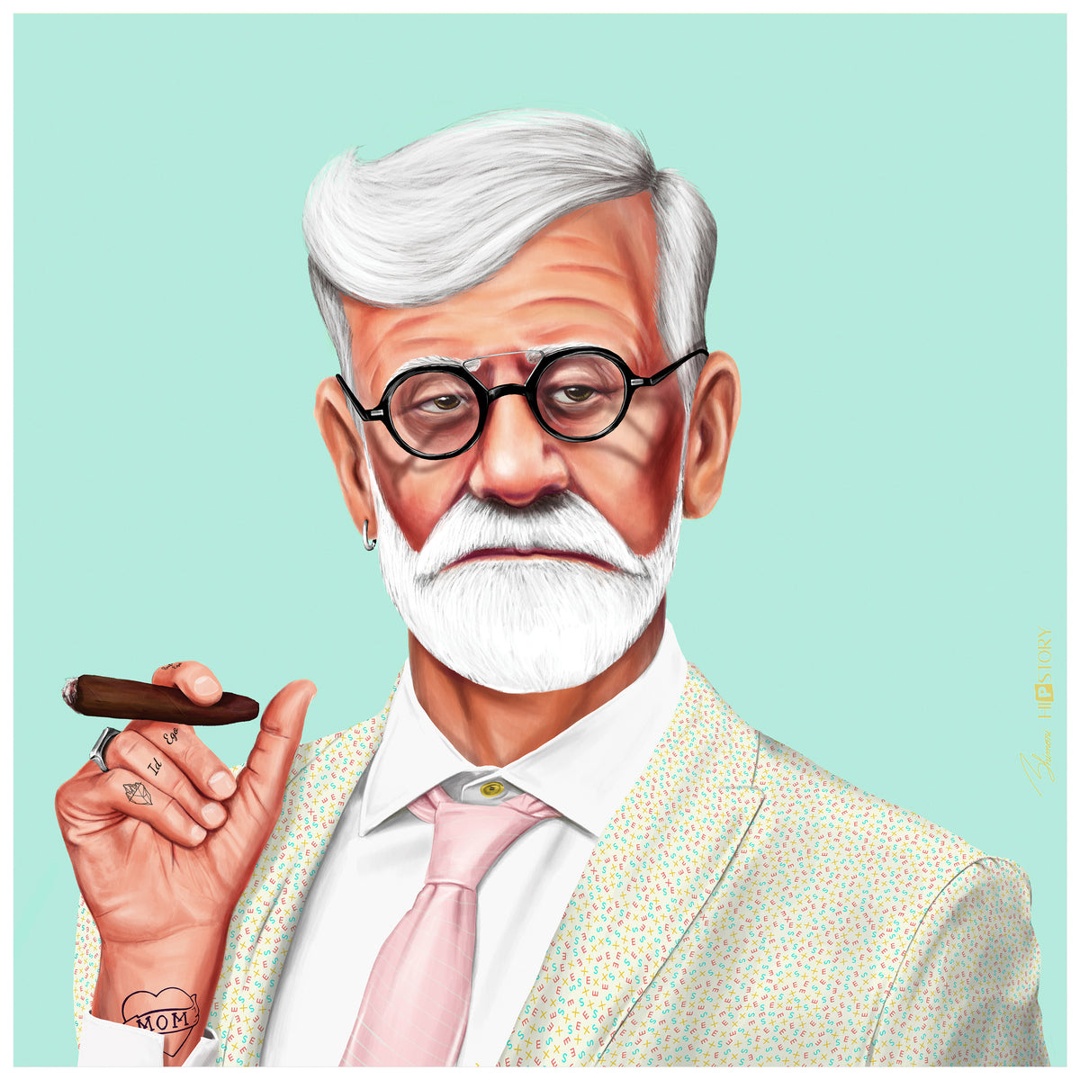 "Hip Sigmund Freud" Frameless Free Floating Reverse Printed Tempered Art Glass Wall Art