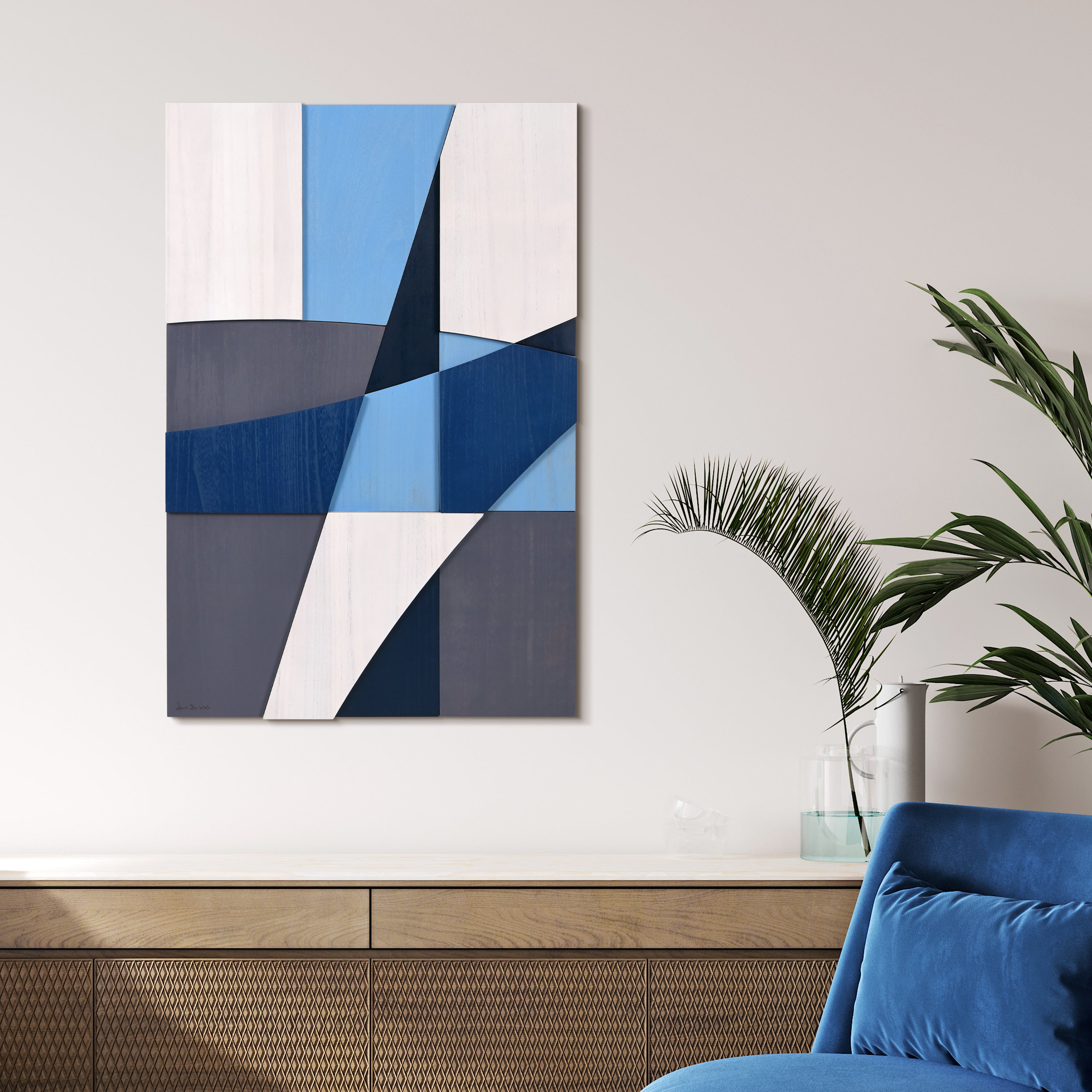 "Whispers of Blues I" Hand Made & Hand Finished Solid Paulownia Wood Abstracts Wall Art