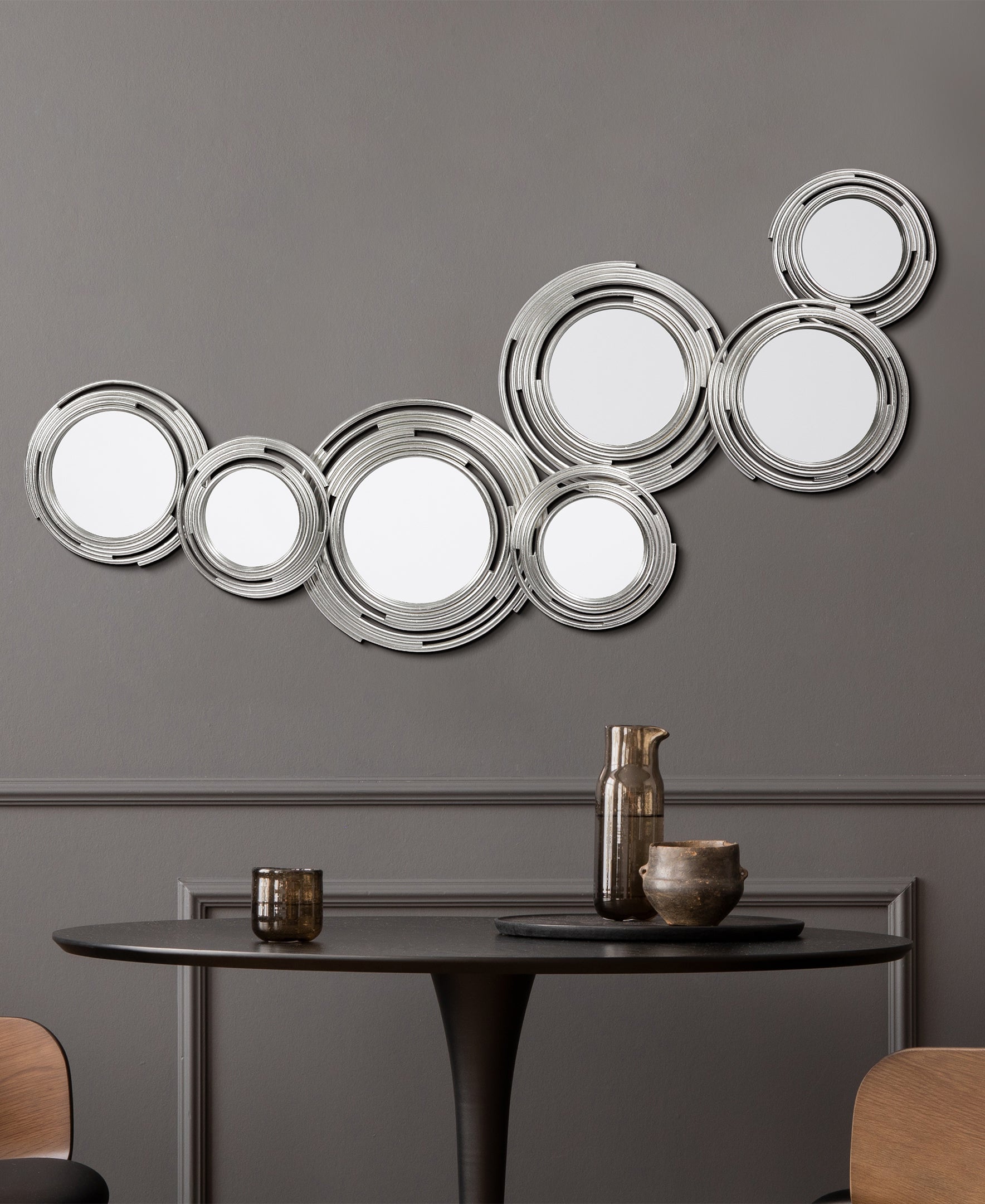 "Descending Reflection" Circle Array Mirrors in Metal Foiled Frame,24"x59"