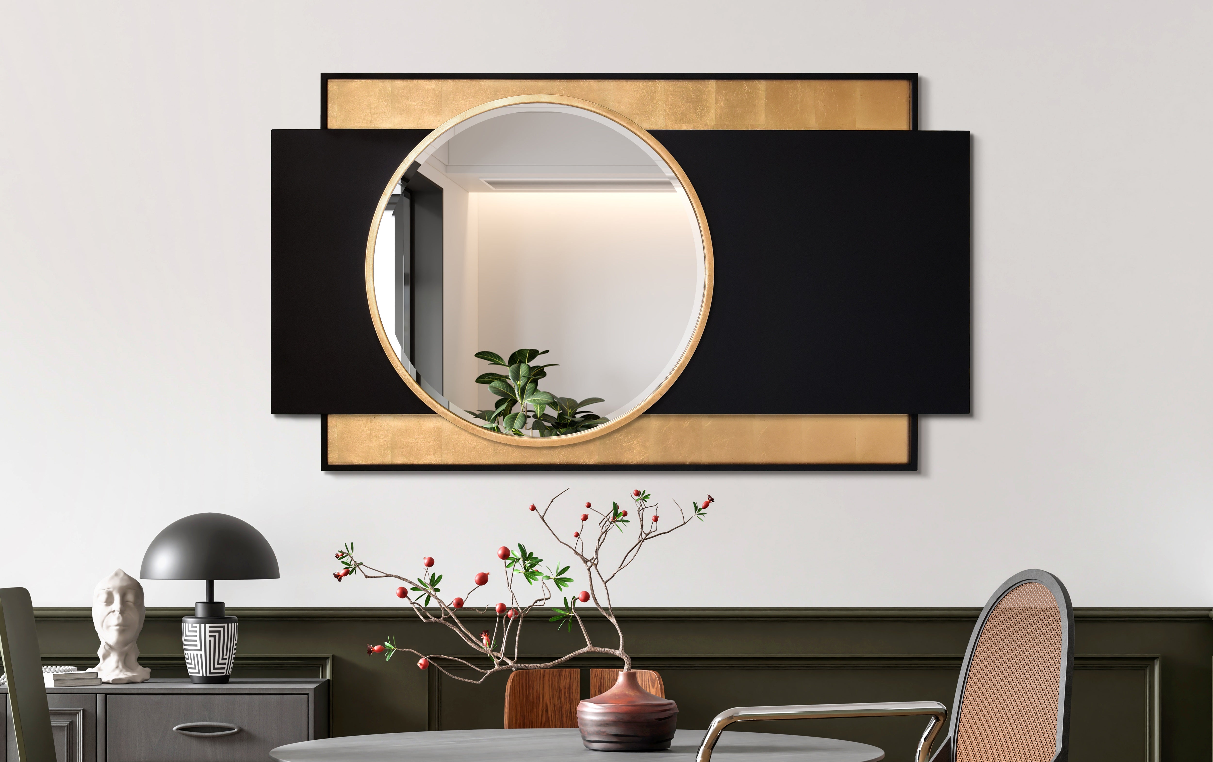 "Modern Elegance Gold and Black Wall Mirror", 37"x65", Beveled Center Round Mirror Featuring a  Black and Gold Foiled Iron Frame