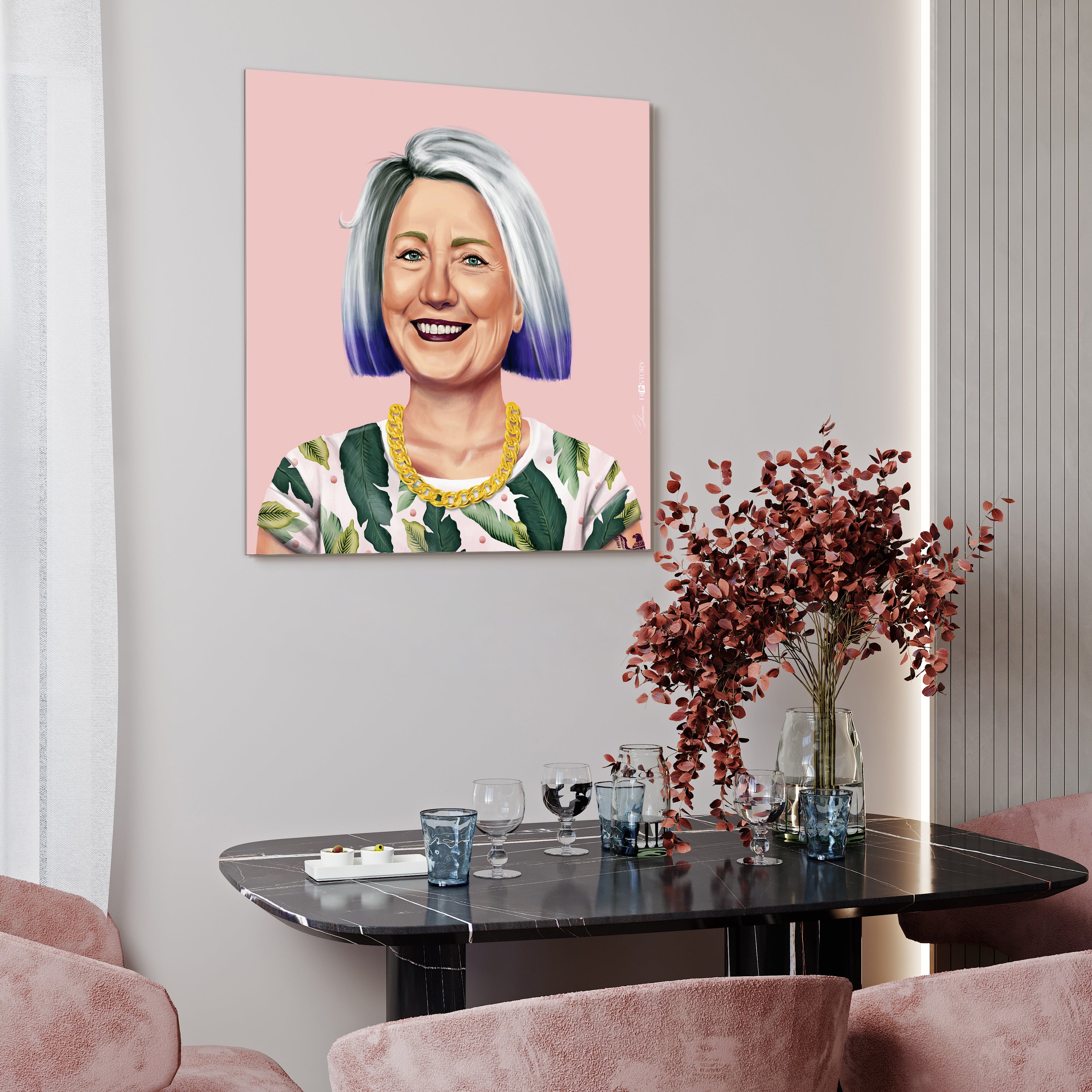 "Hip Hillary" Frameless Free Floating Reverse Printed Tempered Art Glass Wall Art