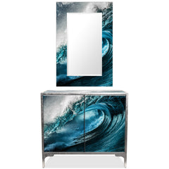 "Sapphire Sea" Reverse Printed Beveled Art Glass Console and Mirror set