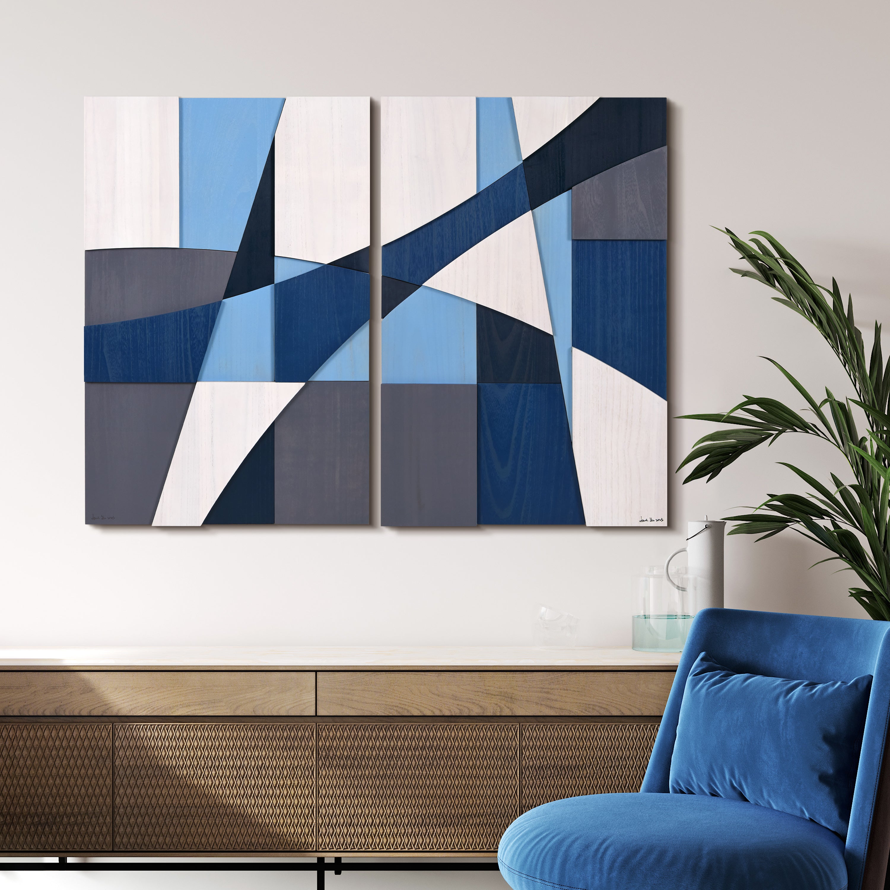 "Whispers of Blues I & II Set" Hand Made & Hand Finished Solid Paulownia Wood Abstracts Wall Art