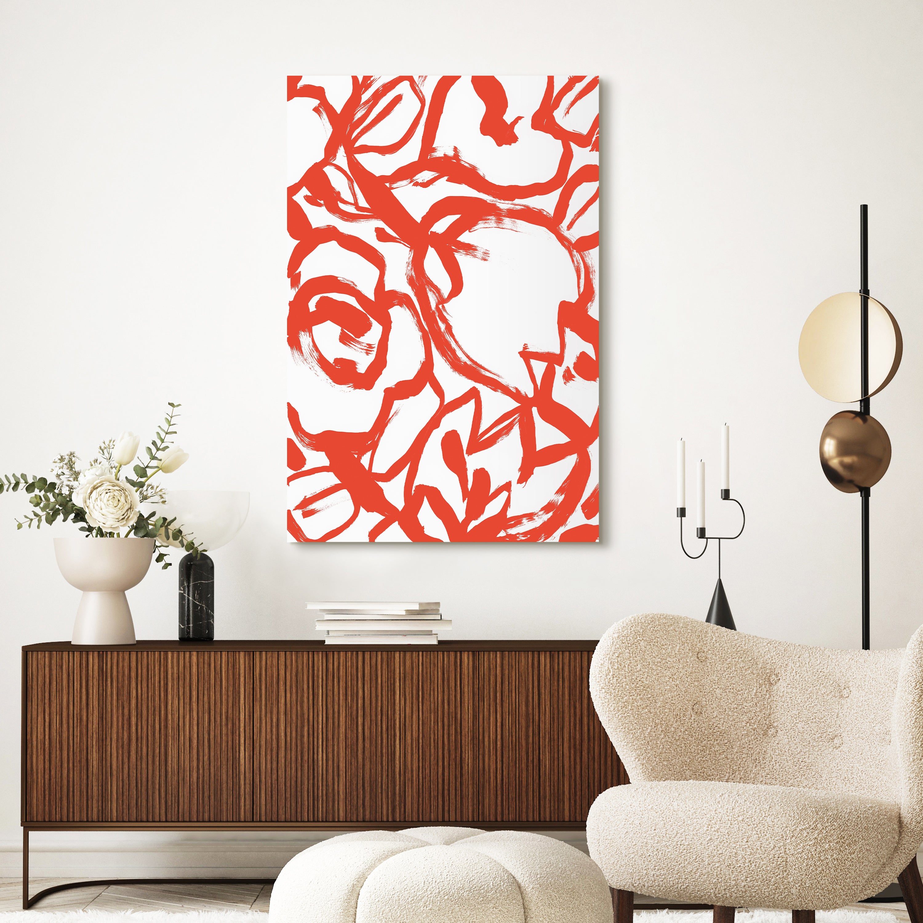 "Scarlet Blooms II" Red Brush Floral Frameless Free Floating Reverse Printed Tempered Art Glass Wall Art