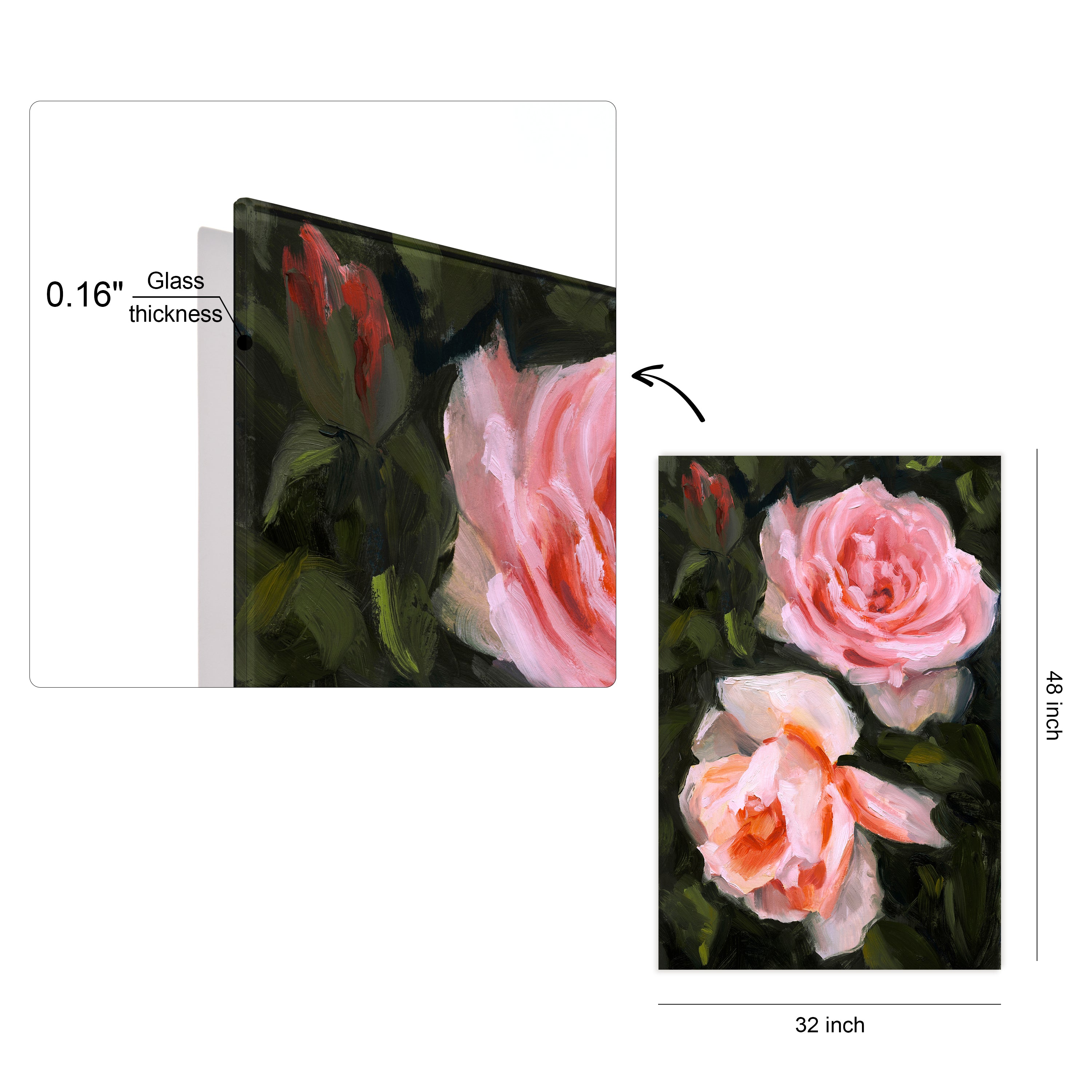 "Ethereal Roses II" Frameless Free Floating Reverse Printed Tempered Art Glass Wall Art