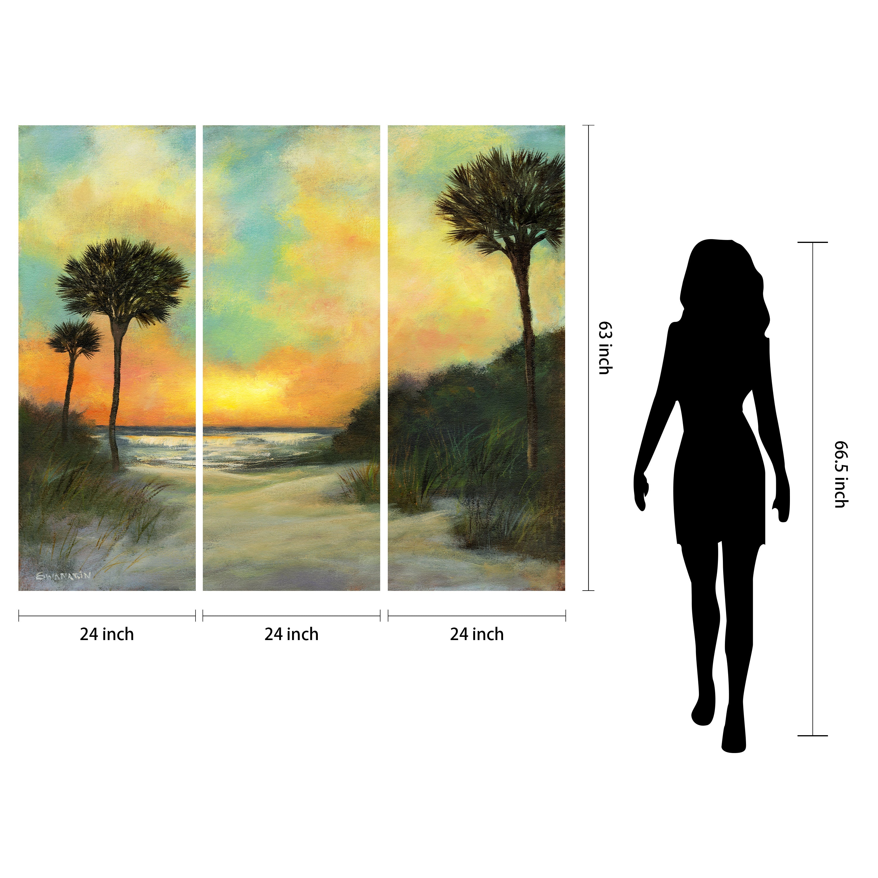 "Coastal Sunset II Set" Frameless Free Floating Reverse Printed Tempered Art Glass Wall Art - 3 Panel set