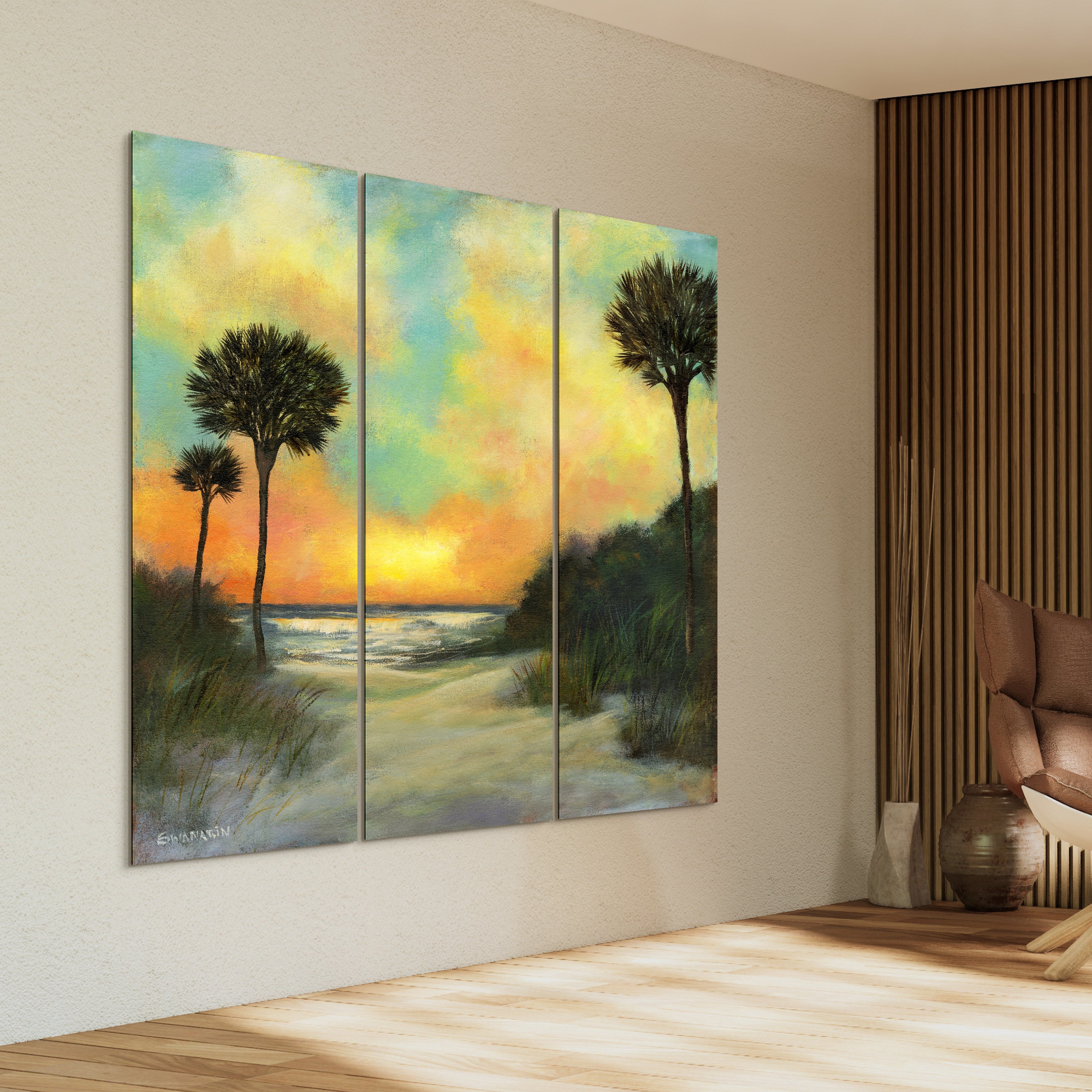 "Coastal Sunset II Set" Frameless Free Floating Reverse Printed Tempered Art Glass Wall Art - 3 Panel set