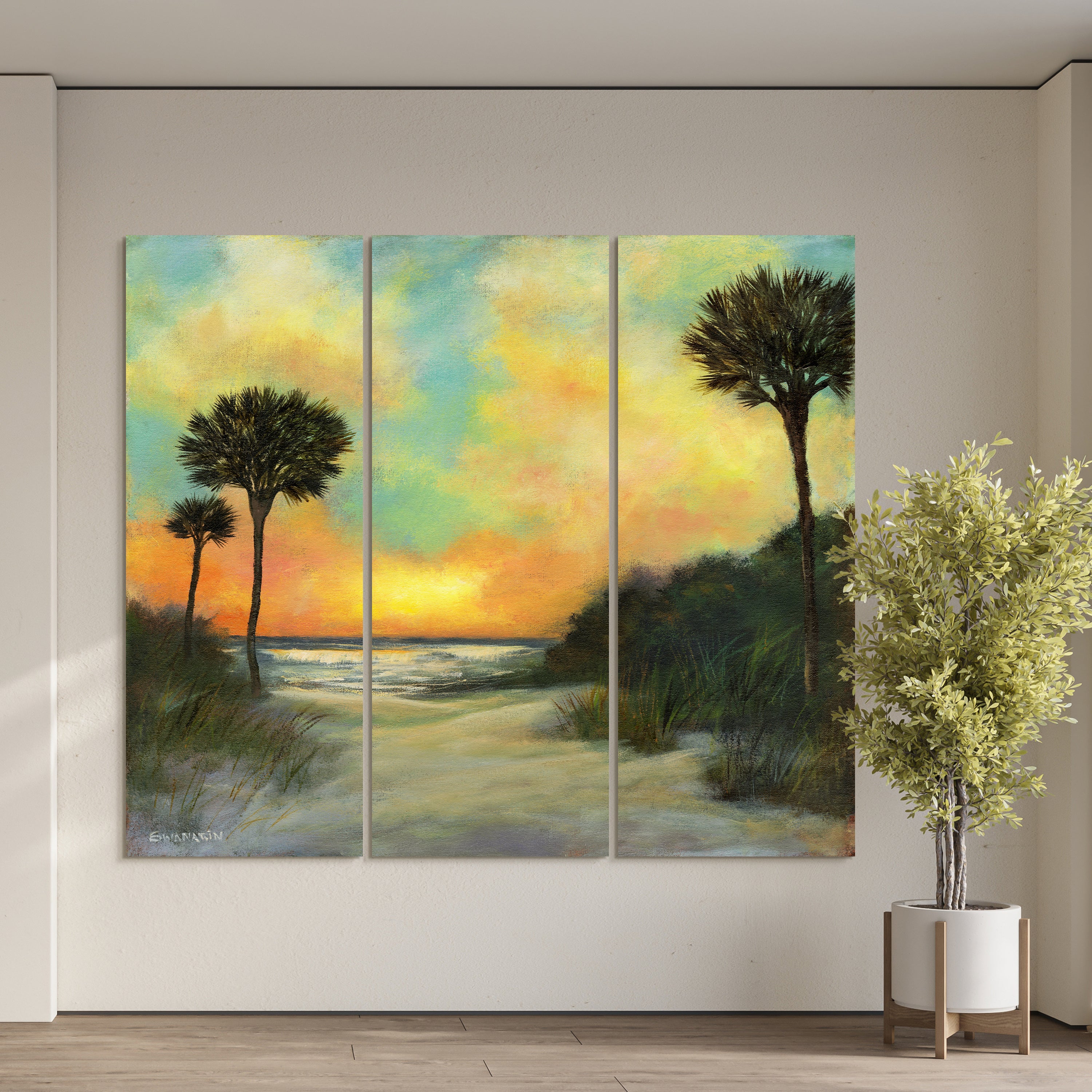 "Coastal Sunset II Set" Frameless Free Floating Reverse Printed Tempered Art Glass Wall Art - 3 Panel set