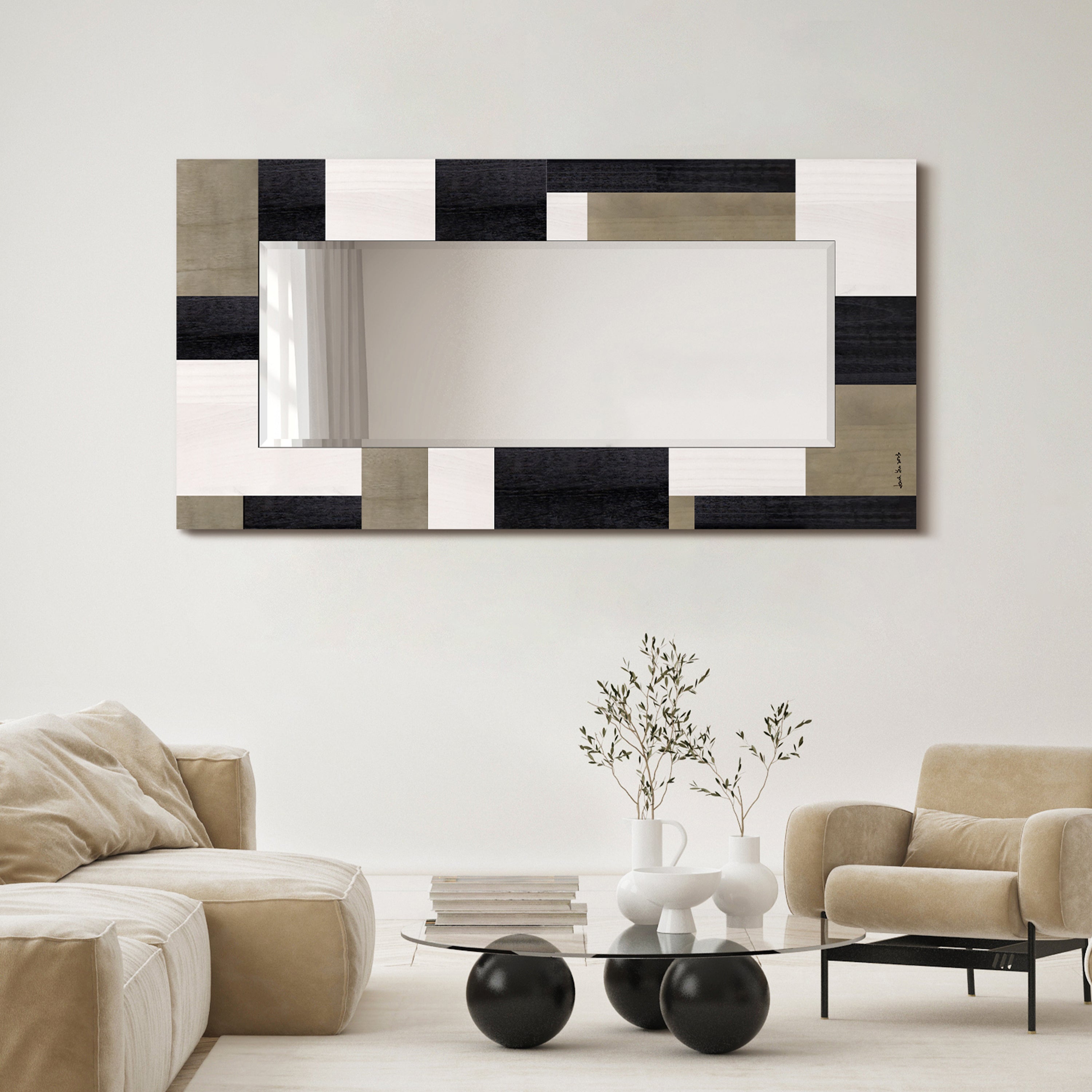 "Geometric Blocks" Hand Made Solid Paulownia Wood Beveled Leaner Mirror size 80" x 40"