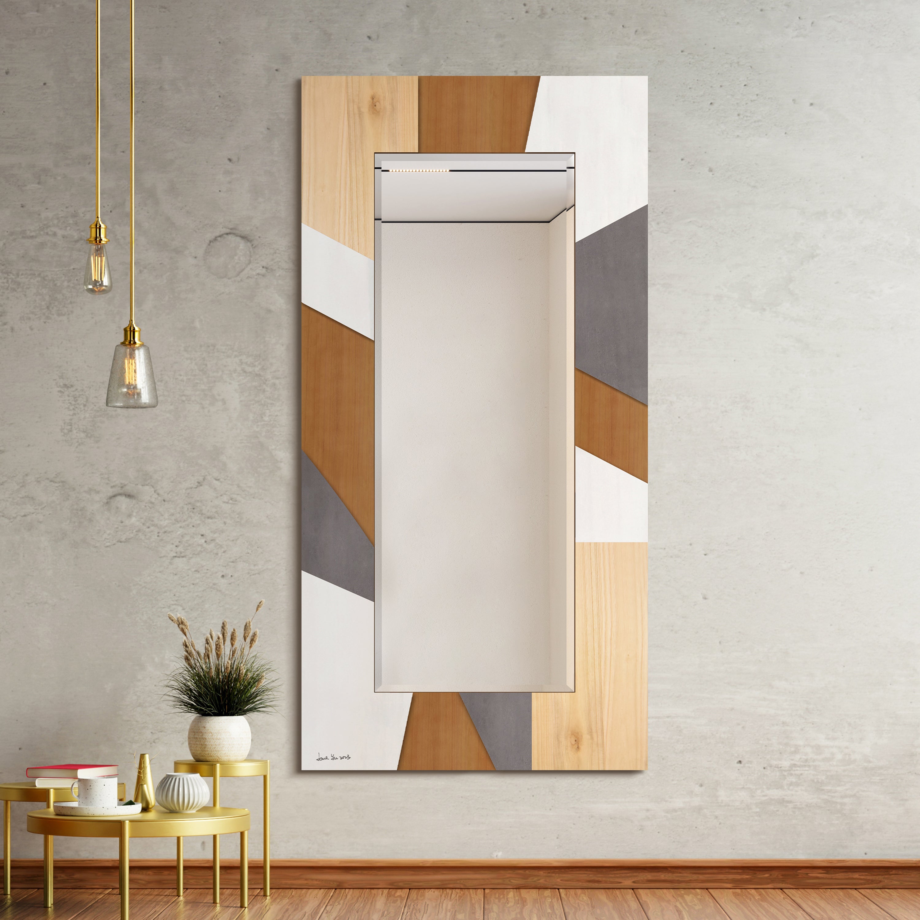 "Modern Geometric" Hand Made Solid Paulownia Wood Beveled Leaner Mirror,size 80"x40"