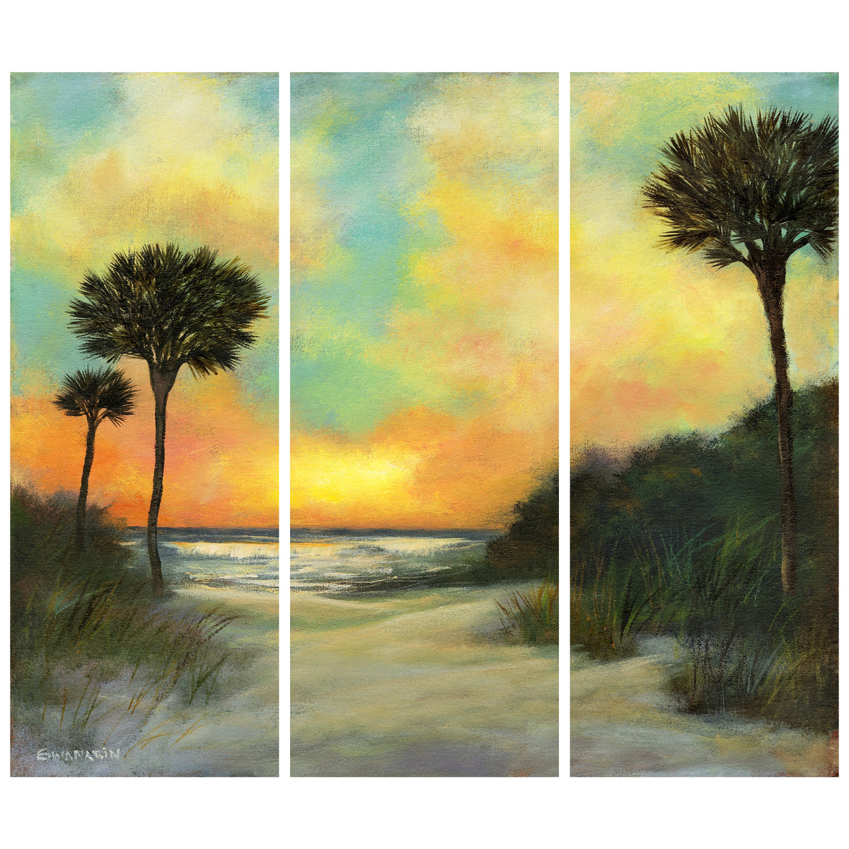 "Coastal Sunset II Set" Frameless Free Floating Reverse Printed Tempered Art Glass Wall Art - 3 Panel set