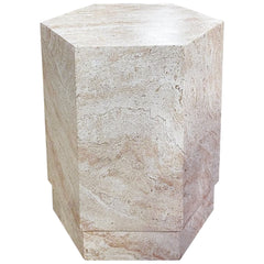 Hexagonal Travertine Stone Finish Italian Design MGO Side Accent Table, size 14.6"x14.6"x18.1", perfect for both indoor and outdoor settings.