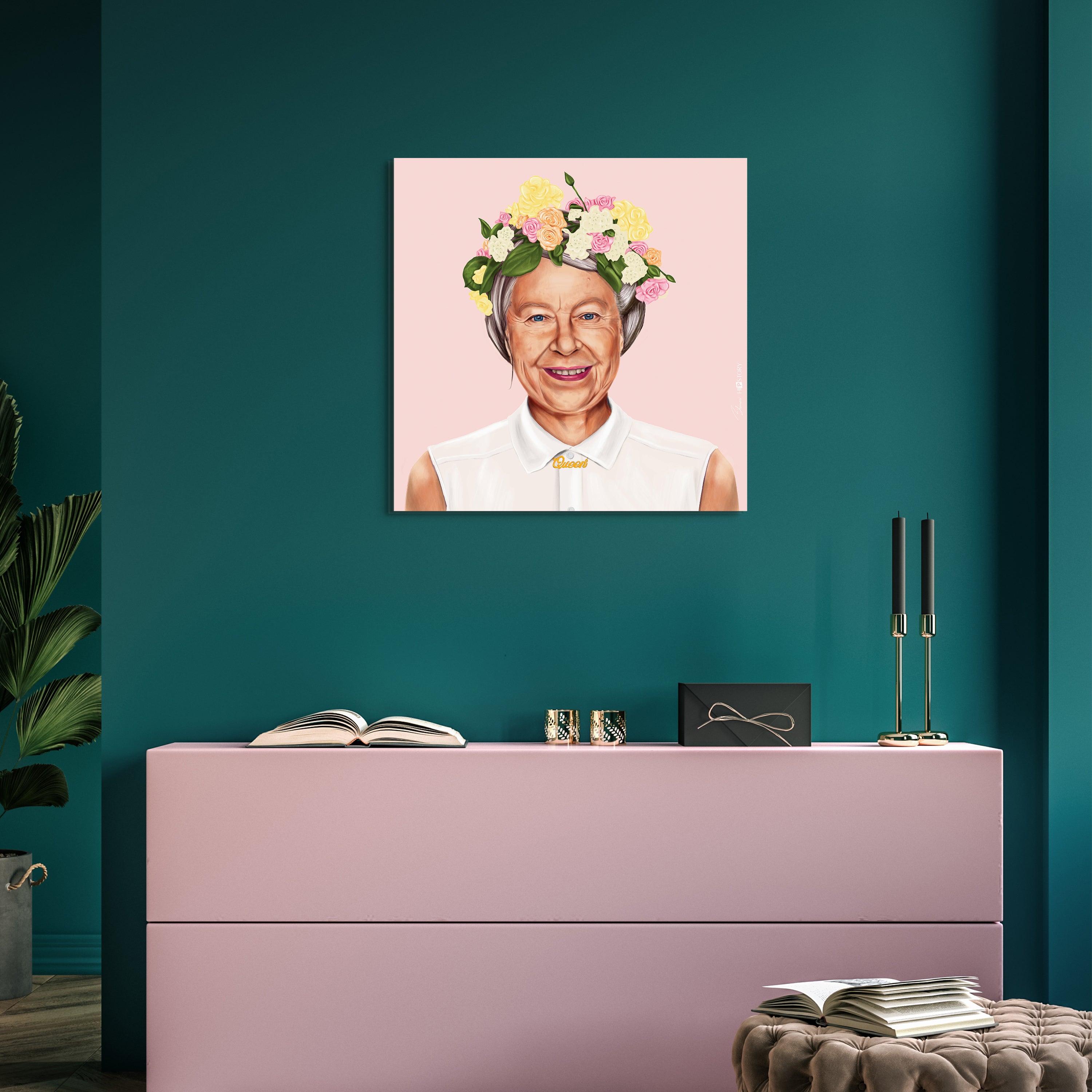 "Hip Queen Elizabeth II" Frameless Free Floating Reverse Printed Tempered Art Glass Wall Art